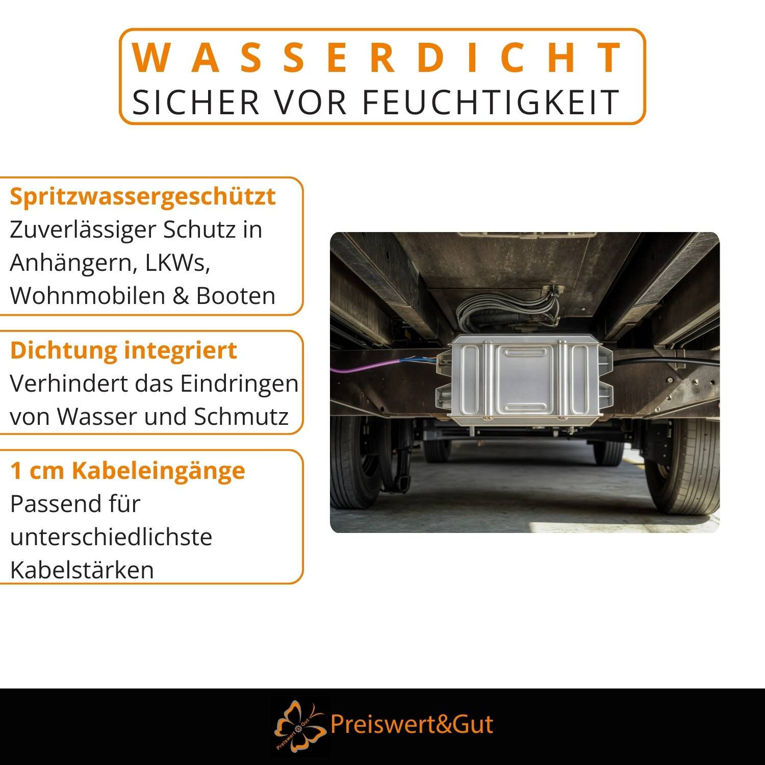 Gerät unter einem Fahrzeug mit Texthervorhebungen, die seine wasserdichte und schmutzabweisende Eigenschaften betonen, geeignet für verschiedene Transportmittel und Umgebungen.