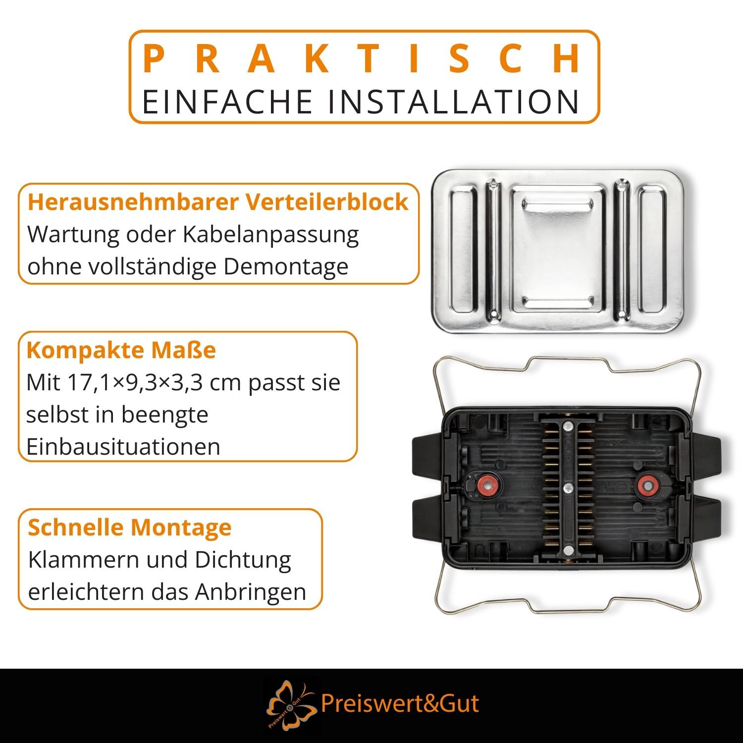 Komponenten eines abtrennbaren Kabeladapterblocks mit Abmessungen von 10,1 x 9,3 x 3,3 cm für einfache Installation, ausgestattet mit Klemmung und Anschluss.