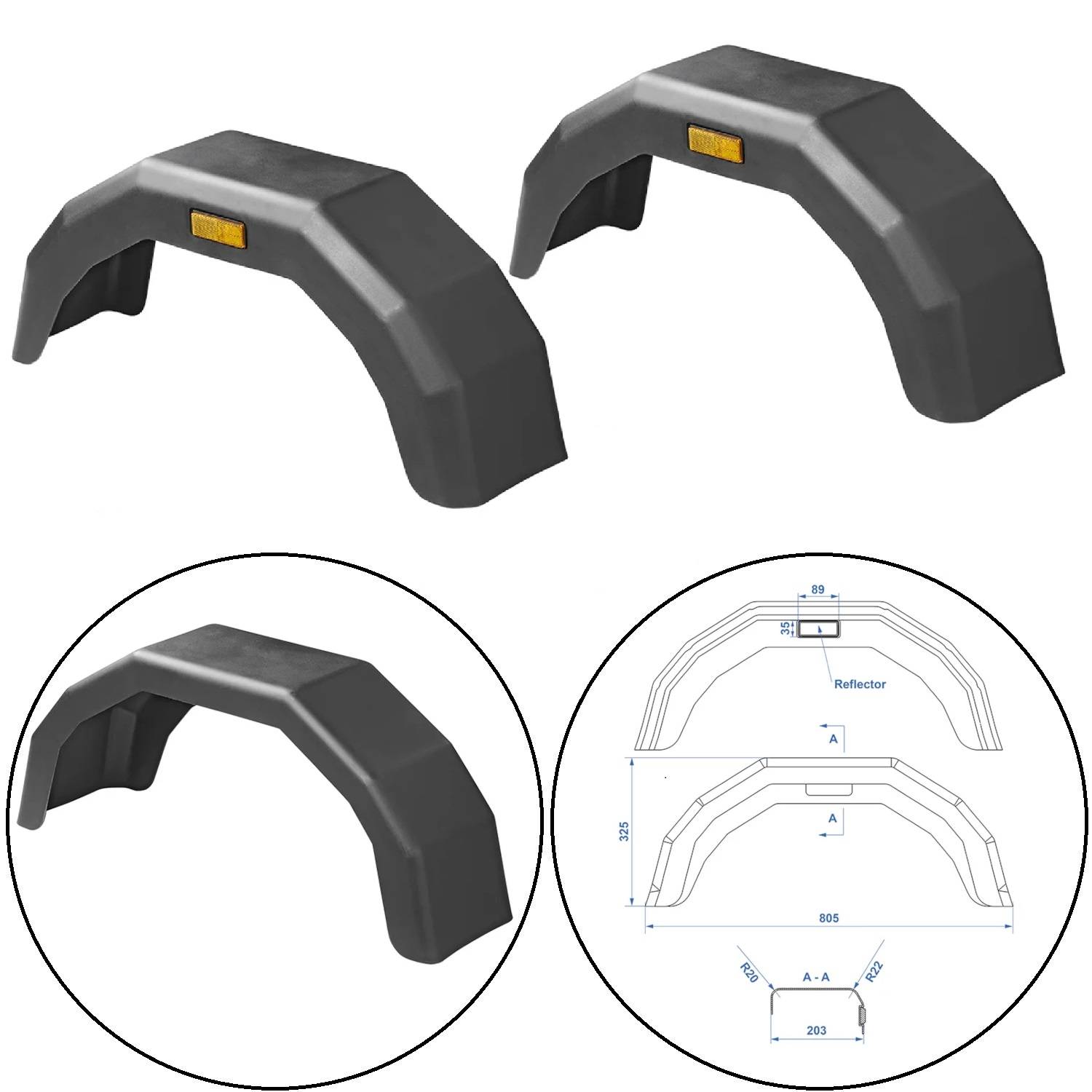 2x Kotflügel für Anhänger, mit Reflektor, geeignet für 13 Zoll Räder, elastisch, stoßfest, UV-beständig, für zb. Anhänger, Pferdeanhänger