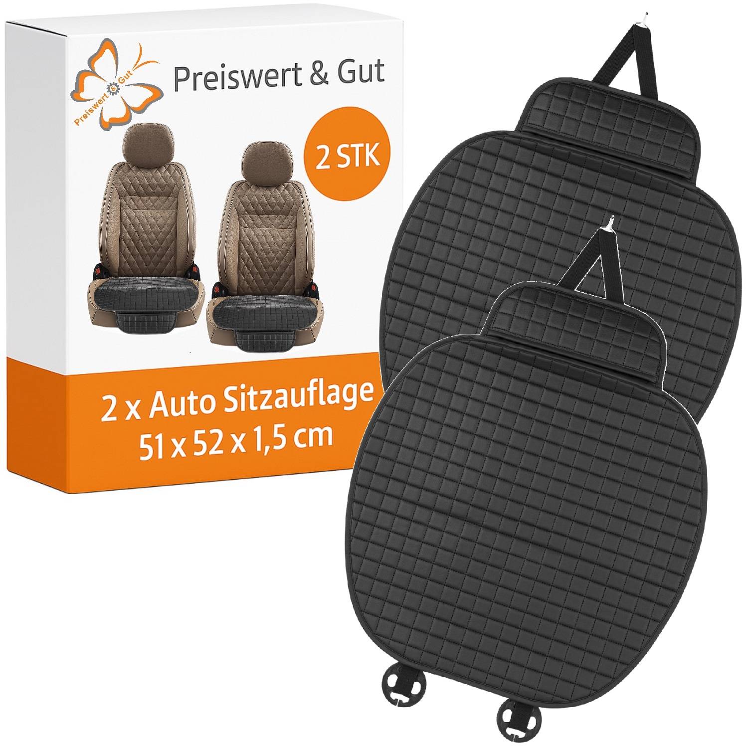 Zwei schwarze Autositzbezüge mit Steppdesign. Verpackung enthält den Hinweis 'Preiswert & Gut', umfasst zwei Bezüge, Abmessungen 51 x 52 x 1,5 cm.