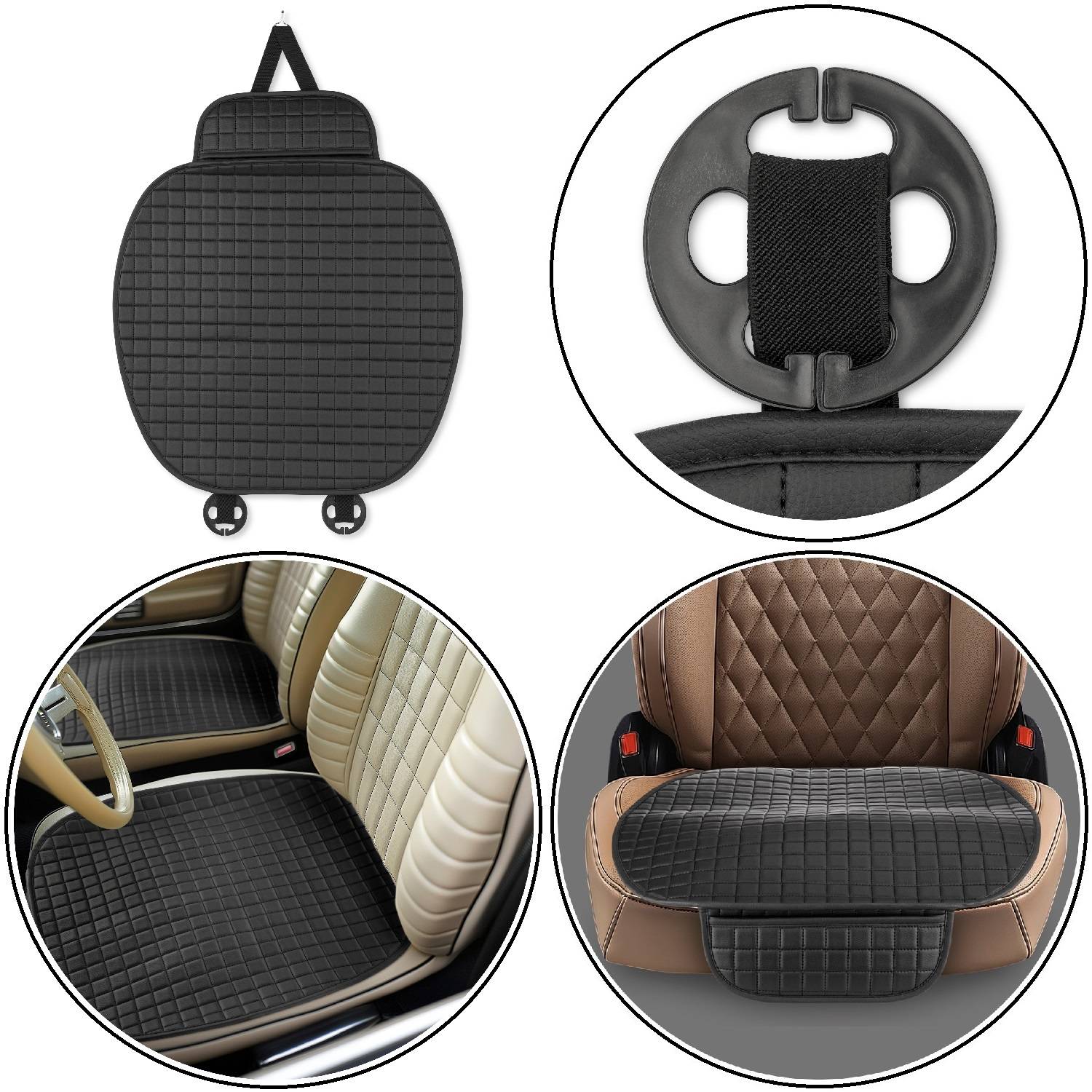 Autositzbezug in Schwarz mit Gittermuster, dargestellt auf Einzelsitz und Vordersitzen. Merkmale umfassen einen sicheren Befestigungsriemen und strapazierfähiges Material.