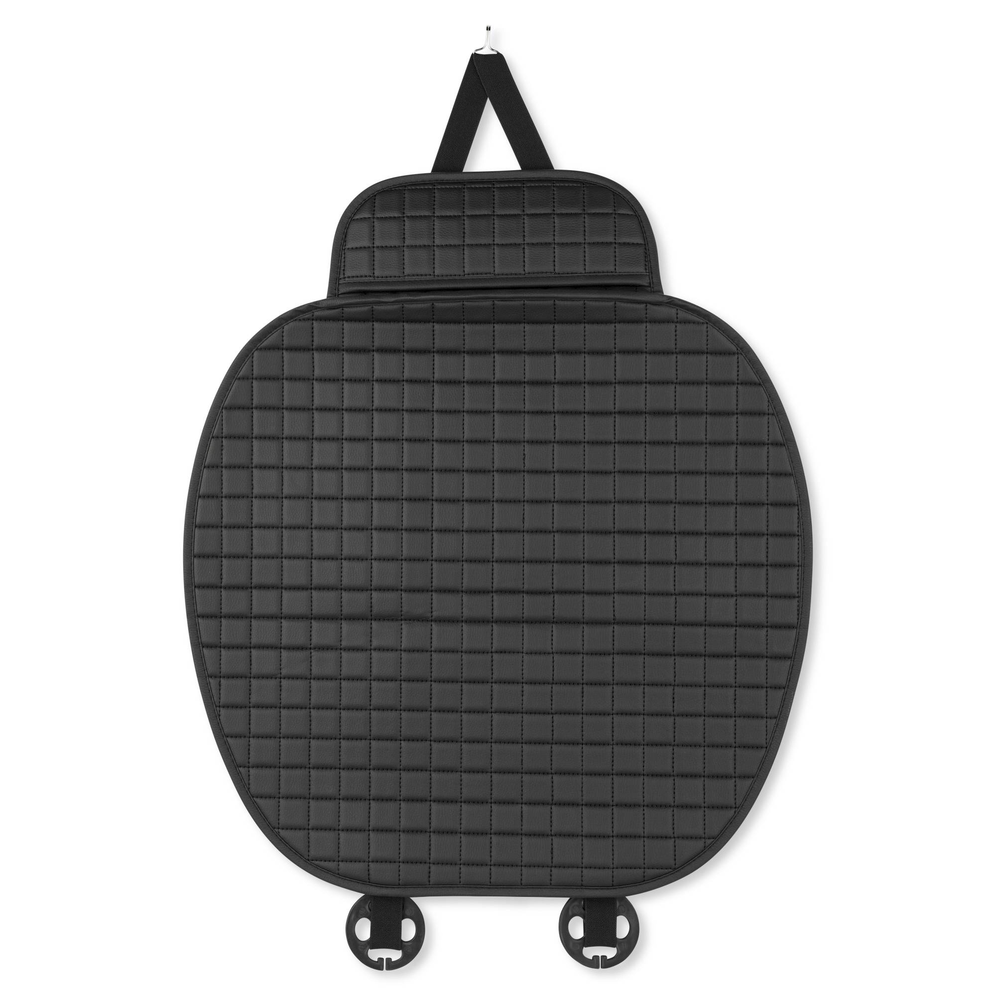 Ein schwarzer, gesteppter Autositzorganizer mit mehreren Taschen, der so gestaltet ist, dass er an der Rückseite eines Autositzes zur Aufbewahrung und Organisation hängt.