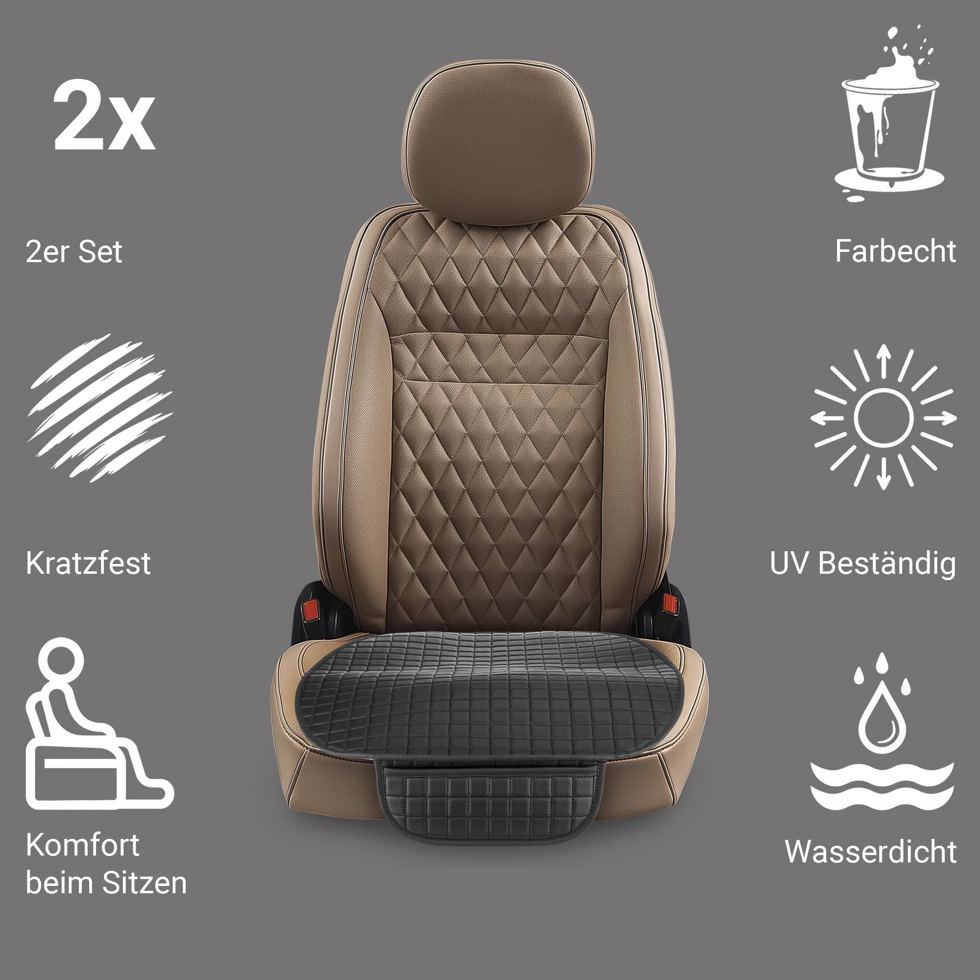 Autositzbezug mit Rautenmuster, in brauner Tönung, gekennzeichnete Merkmale umfassen '2er Set', 'Kratzfest', 'Komfort beim Sitzen', 'Farbecht', 'UV-beständig', 'Wasserdicht'.
