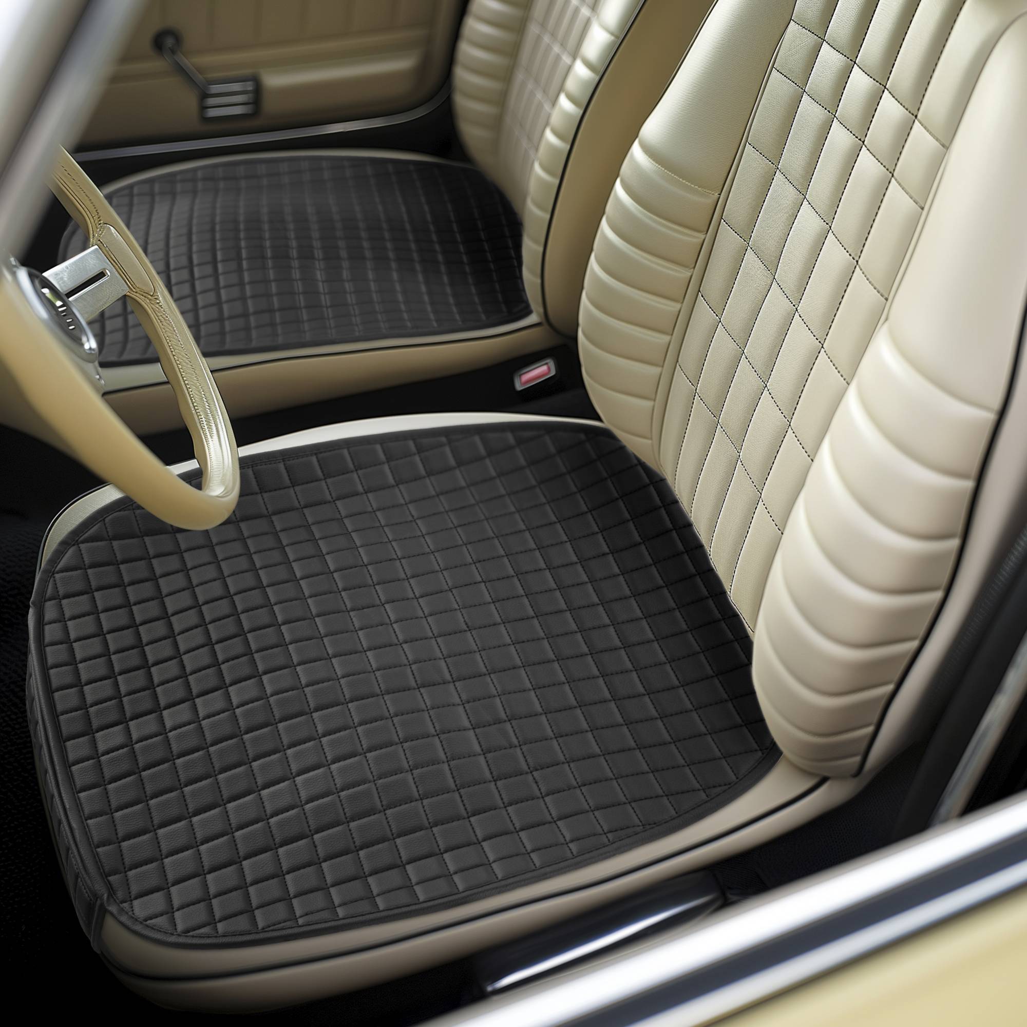 Autoinneres mit beigen gesteppten Sitzen und Lenkrad; Fokus auf Sitzdesign und Kontrast zwischen schwarzen Sitzbezügen und beiger Polsterung.