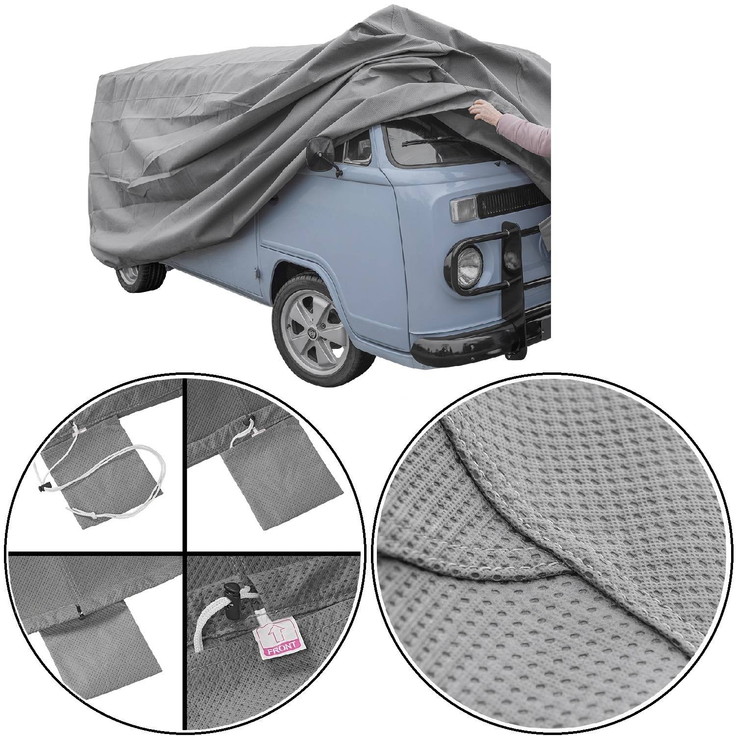 Eine Person verhüllt einen blauen Oldtimer-Van mit einer grauen Fahrzeugabdeckung. Einblendungen zeigen die Materialtextur und Merkmale der Abdeckung, wie Riemen und Schnallen.