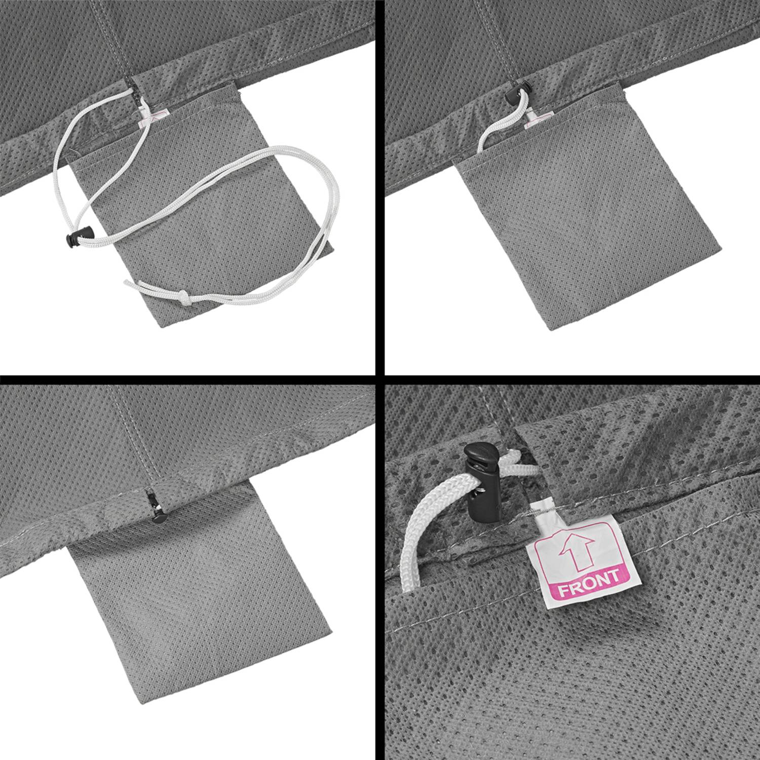 Vierteilige Grafik, die eine graue Stoffabdeckung mit verstellbaren Schnüren zeigt; ein Panel hat eine Beschriftung in Pink mit dem Wort ‚VORNE', die die Ausrichtung angibt.