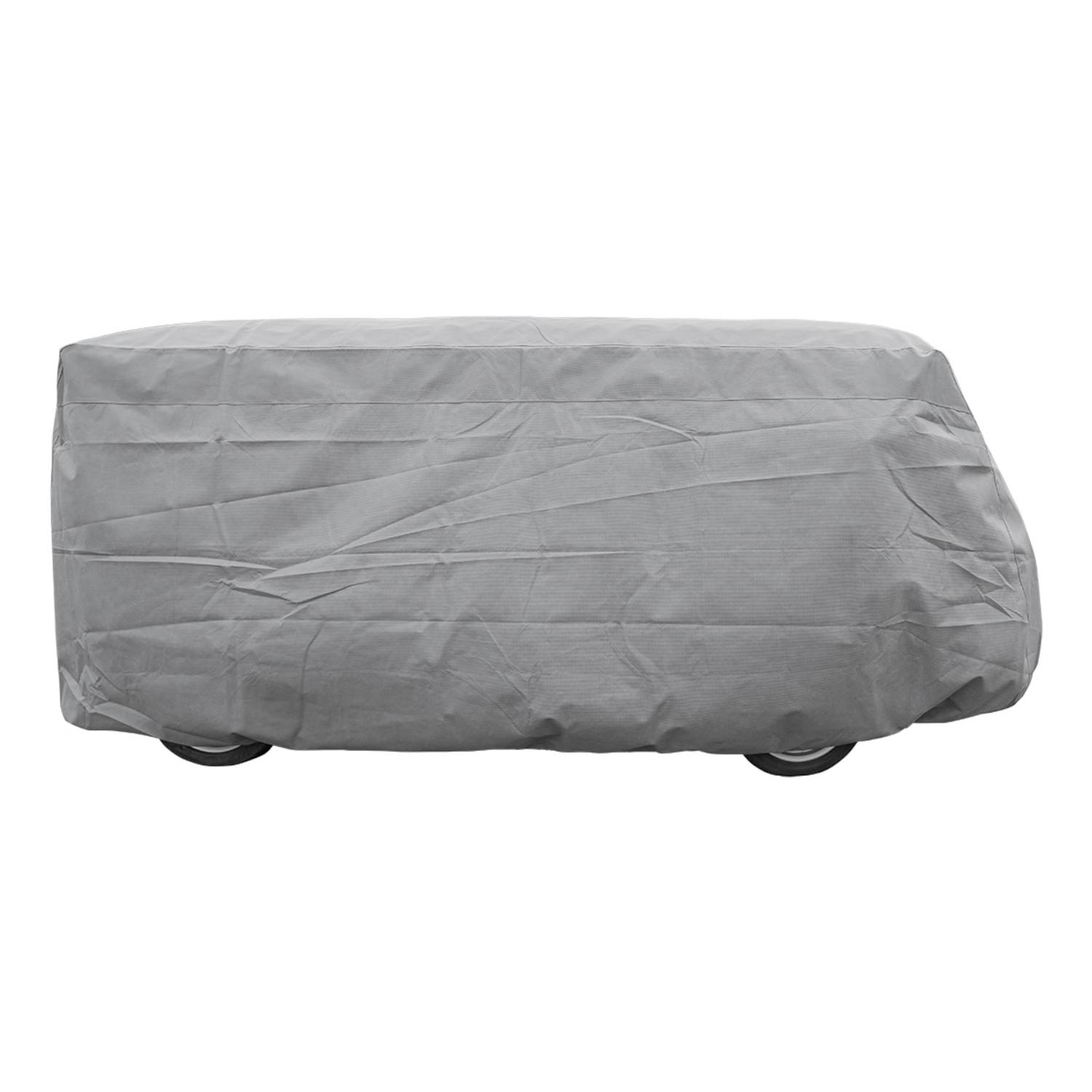 Ein abgedecktes Fahrzeug mit einer grauen Schutzplane, bei dem die Räder unten hervorstehen.