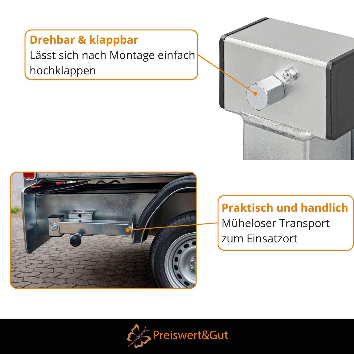 Eine zusammenklappbare und schwenkbare L-förmige Halterung ermöglicht eine einfache Montage. Anhängevorrichtungen an der Fahrzeug-Rückseite unterstützen den mühelosen Transport.