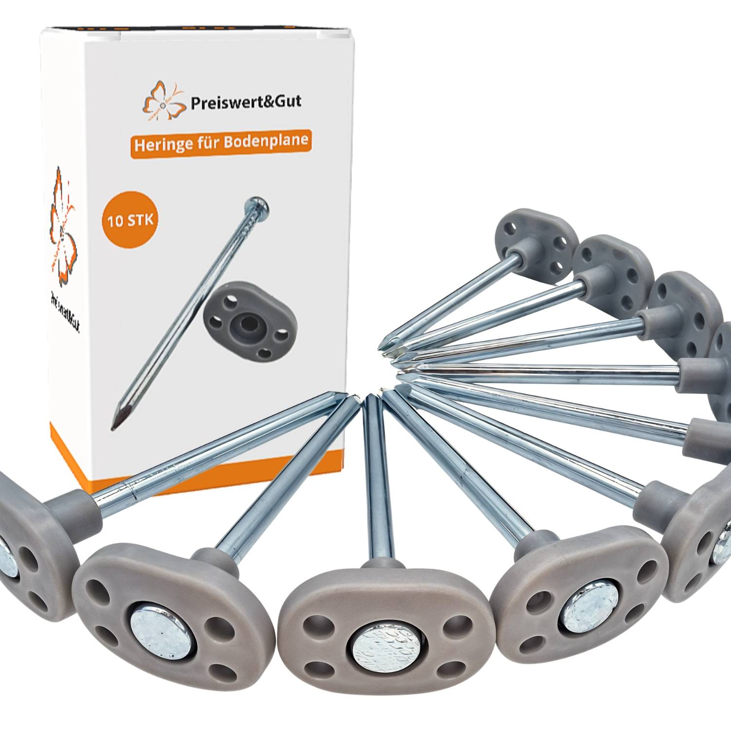 Eine Kiste mit der Aufschrift 'Preiswert&Gut' mit dem Text 'Heringe für Bodenplane, 10 STK', die Metallpflöcke mit Plastikkappen zeigt, die fächerförmig darum angeordnet sind.