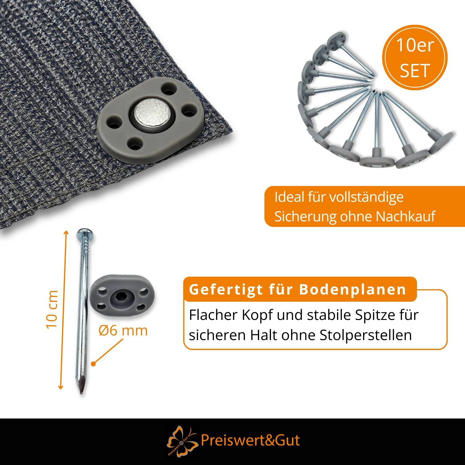 Ein Satz von 10 Nägeln und einer Öse, die zusammen mit einem Text über deren Verwendung mit Stoffen präsentiert wird, wobei der Fokus auf sicherem Halt und Stabilität ohne zusätzliche Käufe liegt.