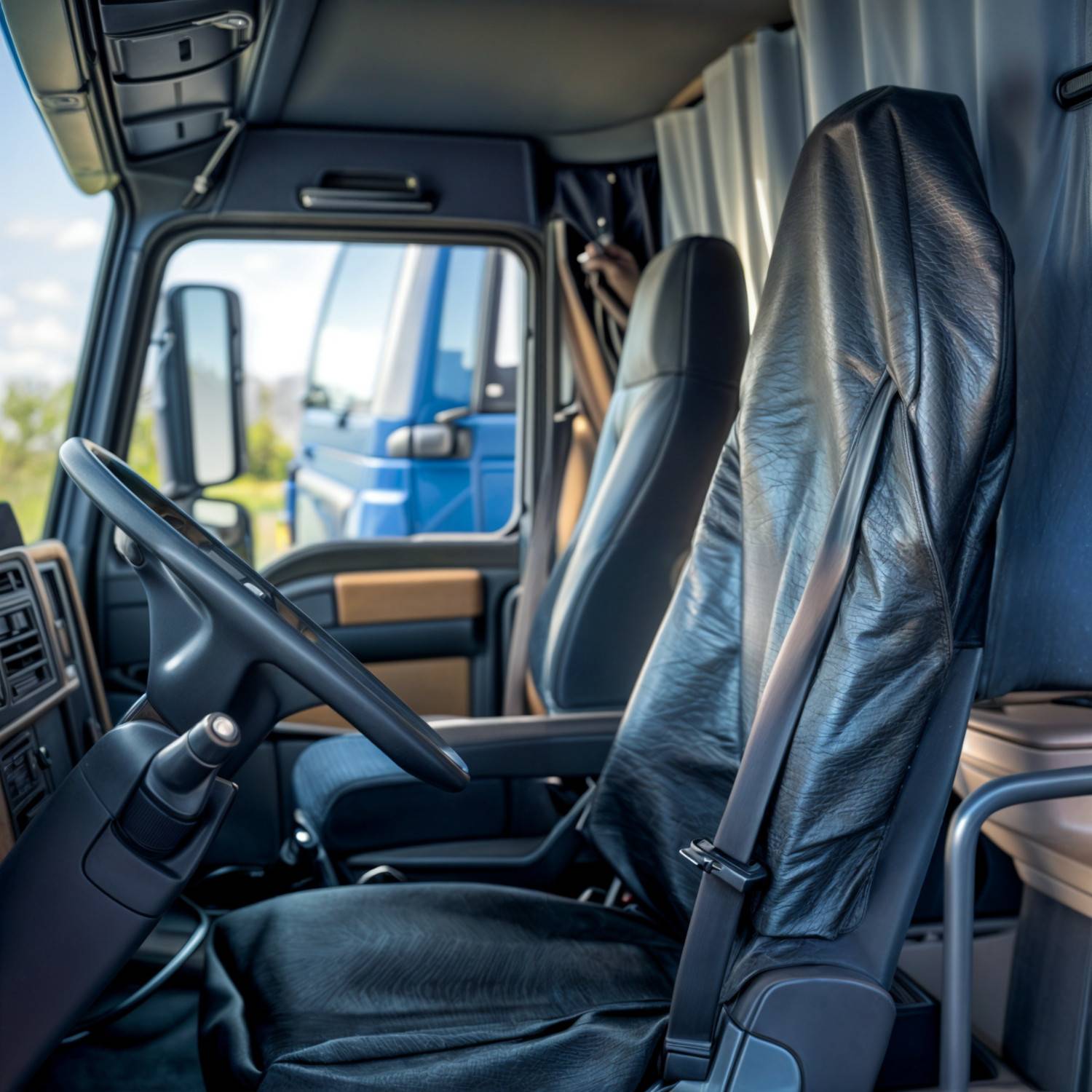 Innenraum einer Truck-Kabine mit schwarzen Ledersitzen, Lenkrad und Armaturenbrett, während durch das Fenster ein blauer Lastwagen zu sehen ist.