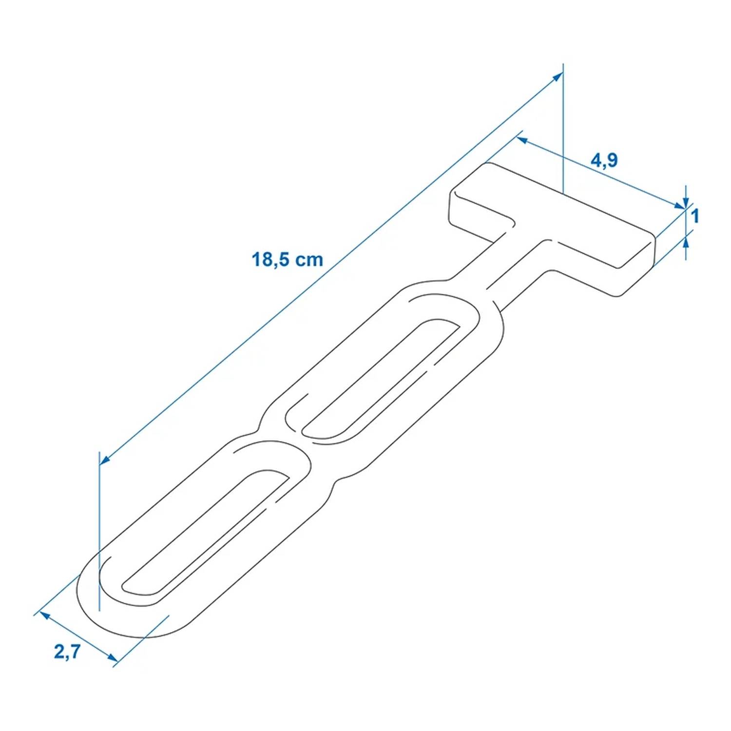 Technische Zeichnung eines T-förmigen Objekts, beschriftete Maße: Länge 18,5 cm, Breite 4,9 cm, Höhe 1 cm und Breite des kleineren Abschnitts 2,7 cm.