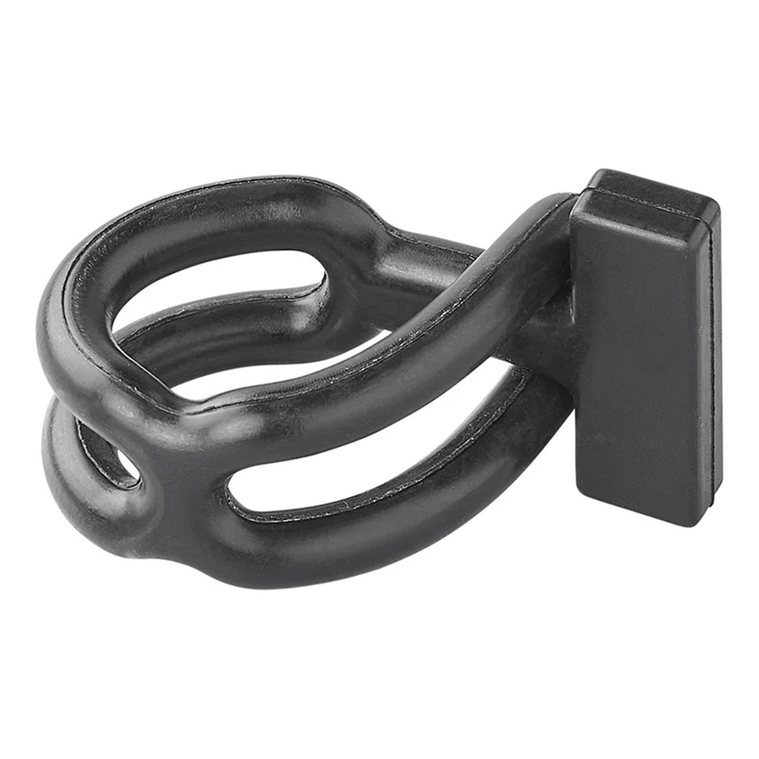 Ein schwarzer, ovaler Fahrradständer mit drei Schlaufen und einer rechteckigen Basis, der zum sicheren Anschließen von Fahrrädern entwickelt wurde.