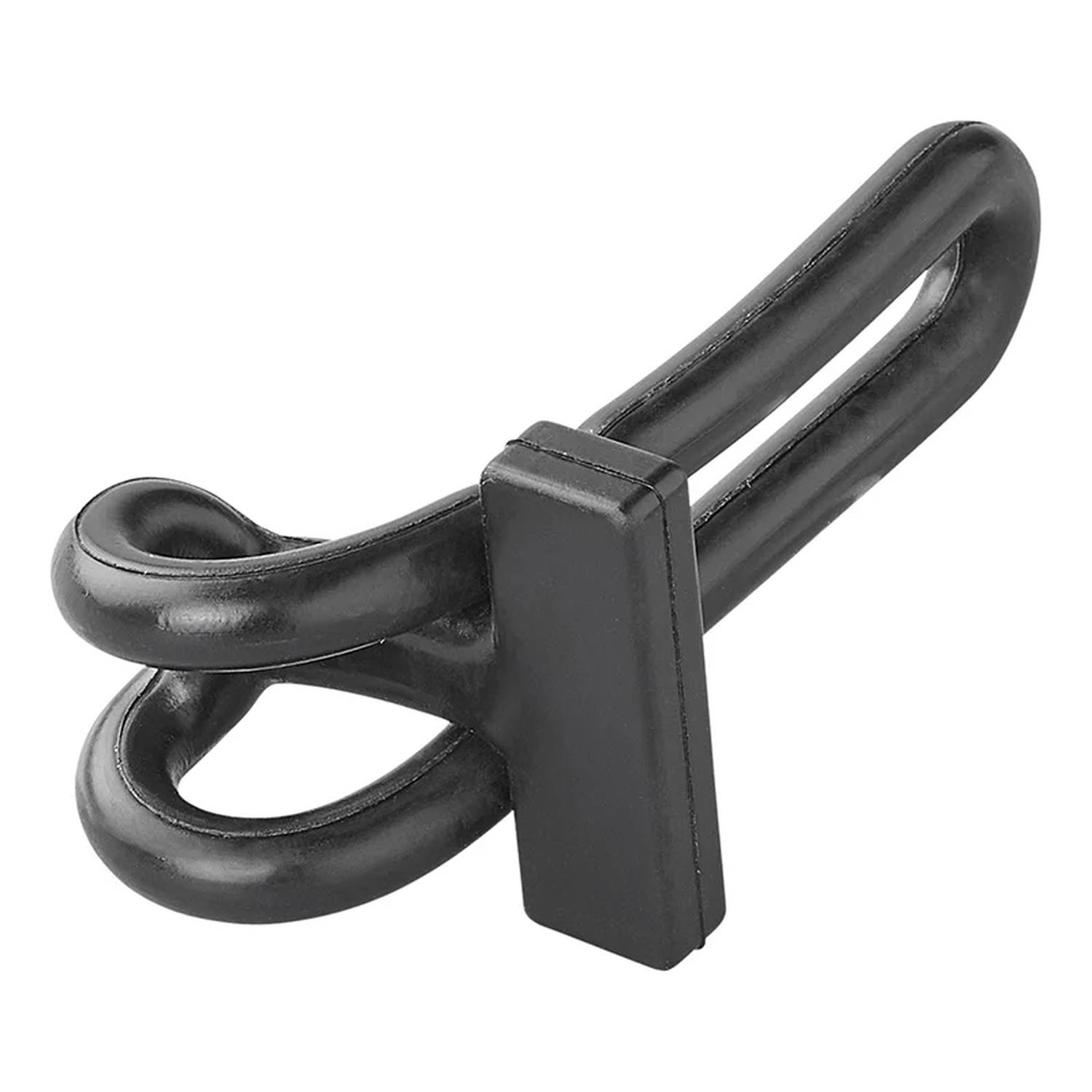 Eine schwarze, Plastik-Kabelklemme mit Schlaufendesign, verwendet zum Organisieren und Befestigen von Kabeln.