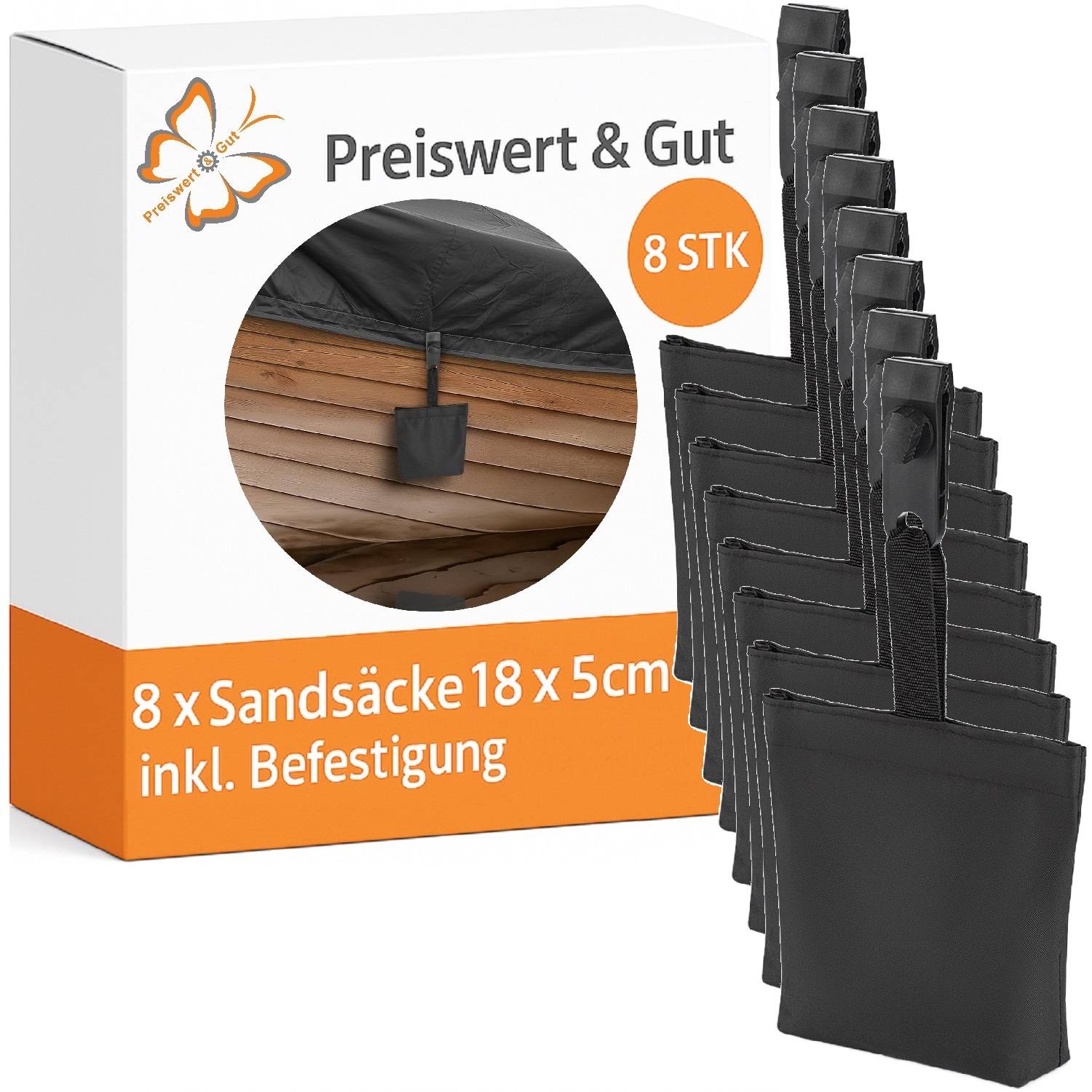 Box mit Schmetterling-Logo, die 8 schwarze Sandsäcke enthält, beschriftet mit 'Preiswert & Gut 8 STK, 8 x Sandsäcke 18 x 5cm inkl. Befestigung'.