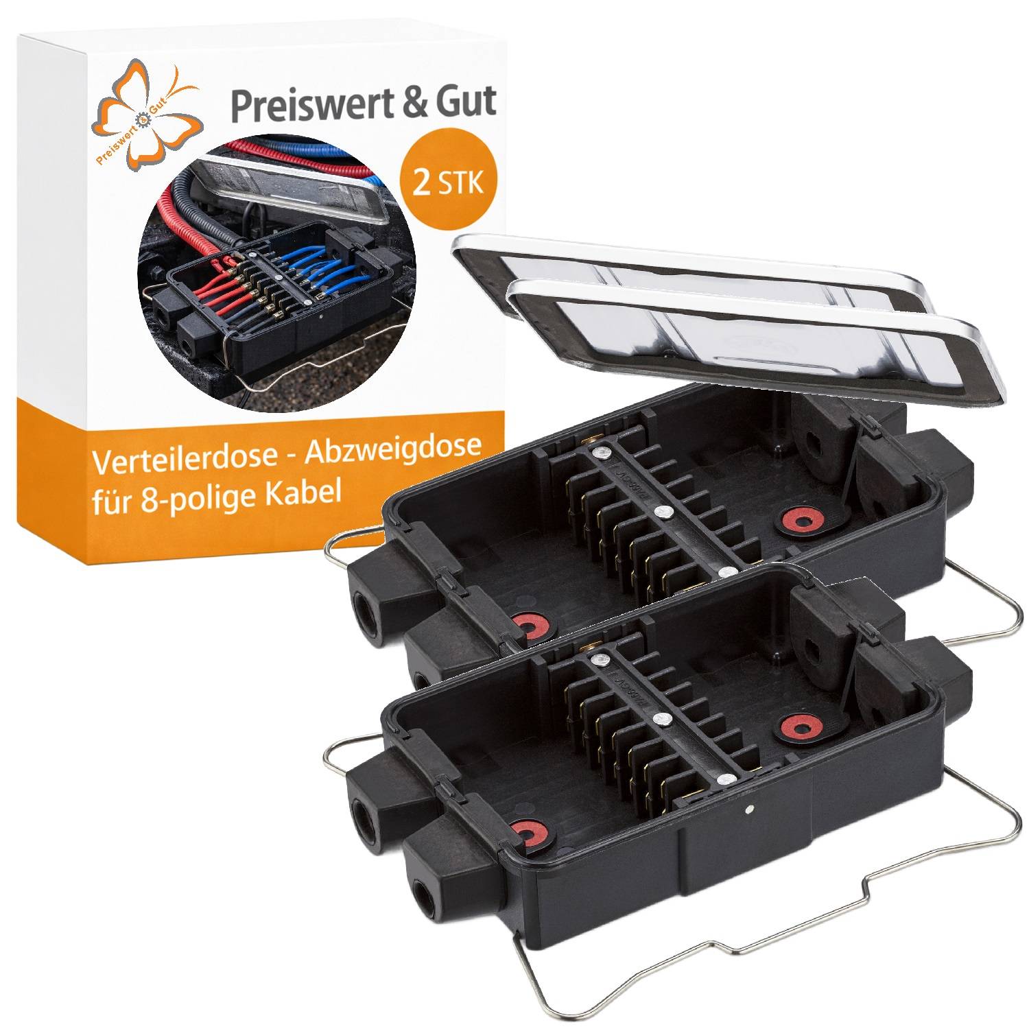 2x Verteilerdosen spritzwassergeschützt Aludeckel 8-polig Anhänger Wohnmobil