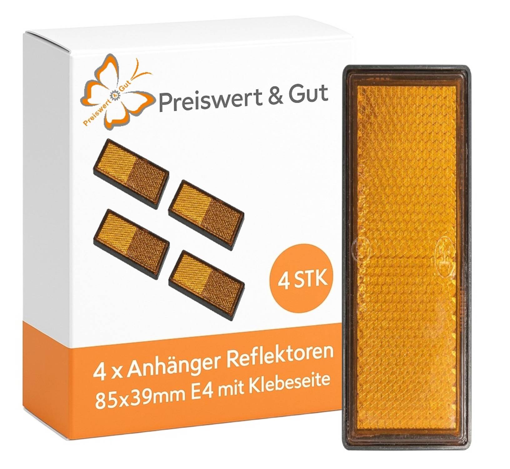 Paket mit vier orangefarbenen rechteckigen Reflektoren, beschriftet mit 'Preiswert & Gut'. Text auf der Verpackung lautet '4 x Anhänger Reflektoren 85x39mm E4 mit Klebeseite'.