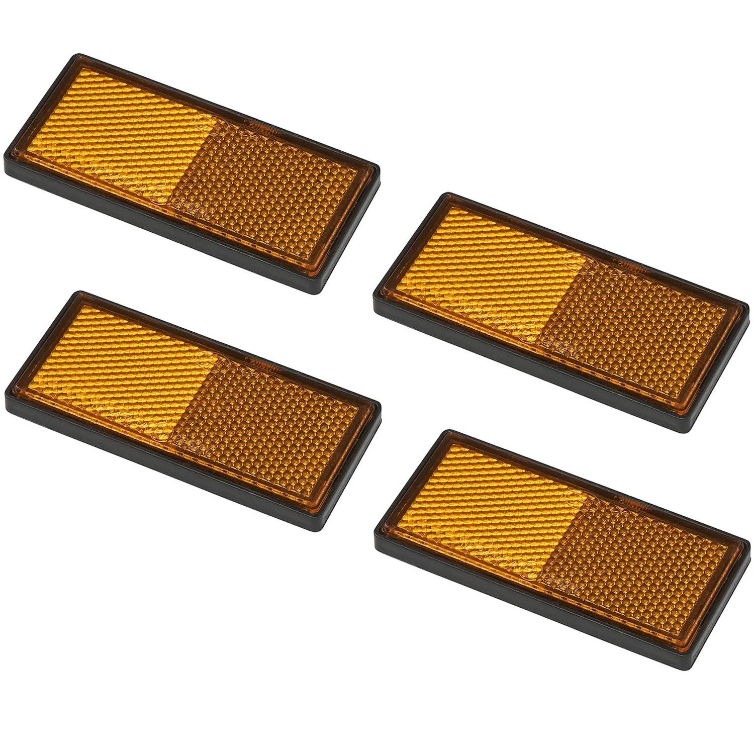 Vier rechteckige bernsteinfarbene Fahrradpedalreflektoren mit schwarzen Rahmen, in zwei Reihen angeordnet.