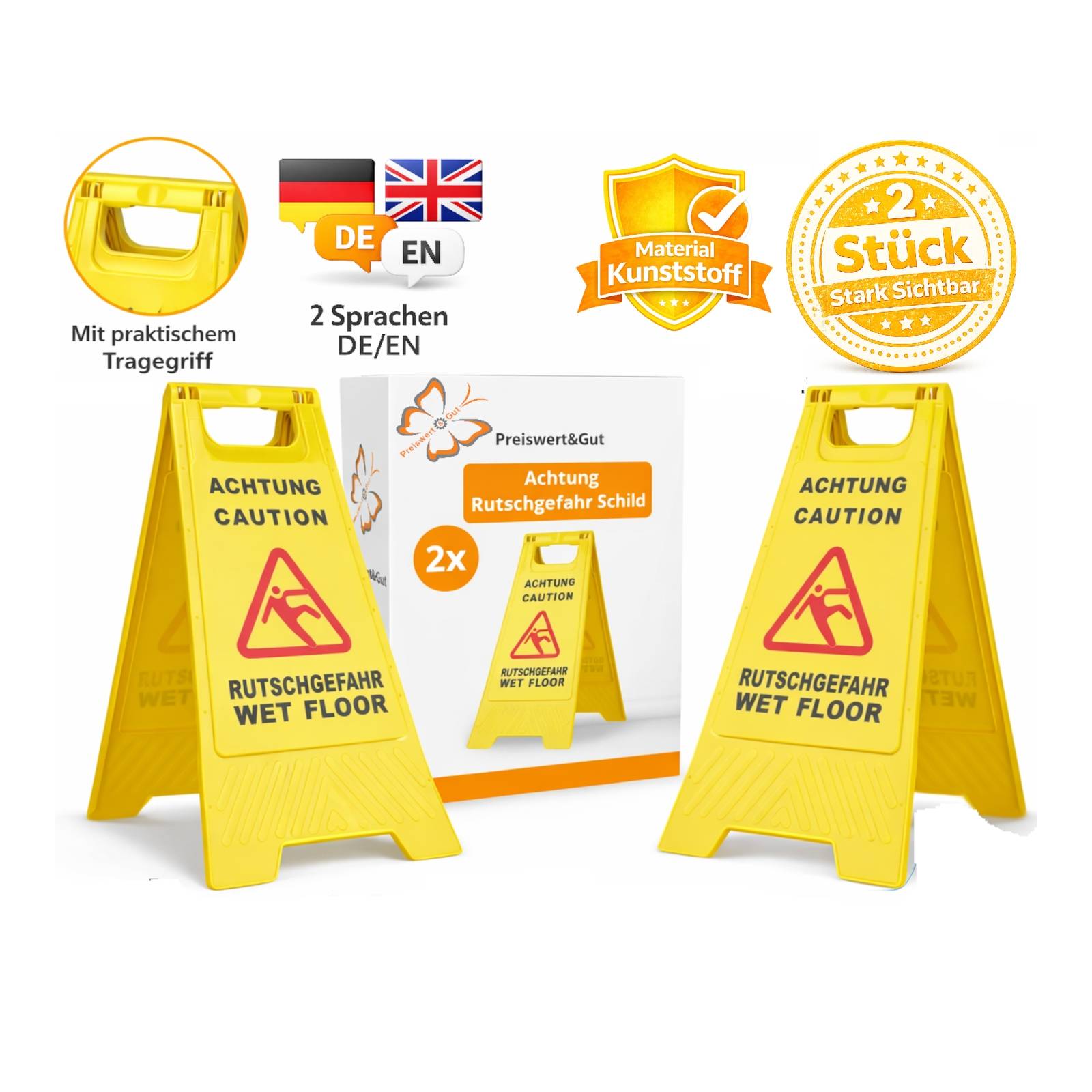 2x Warnschild Rutschgefahr Schild Aufsteller Vorsicht Rutschgefahr Achtung DE/EN