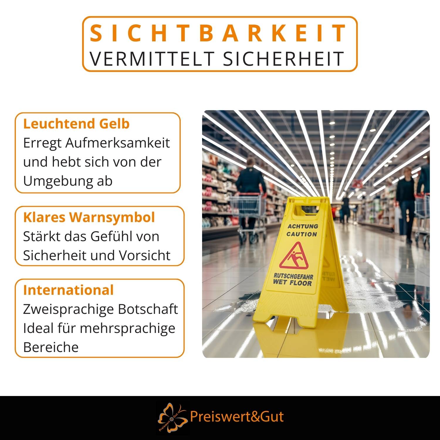 Das Bild erklärt, wie die Farbe Gelb die Sichtbarkeit und Sicherheit in Geschäften verbessert, mit einem 