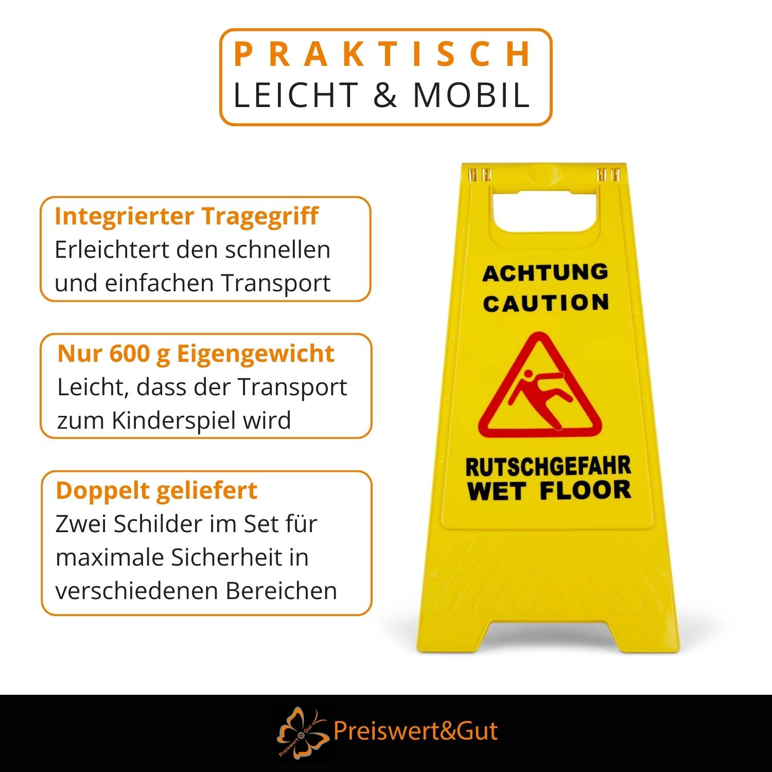 Praktisch leicht & mobil' Schild mit gelbem Warnschild für nassen Boden. Hebt Benutzerfreundlichkeit, leichte Handhabung und Doppelschild-Set für sicheren Transport hervor.