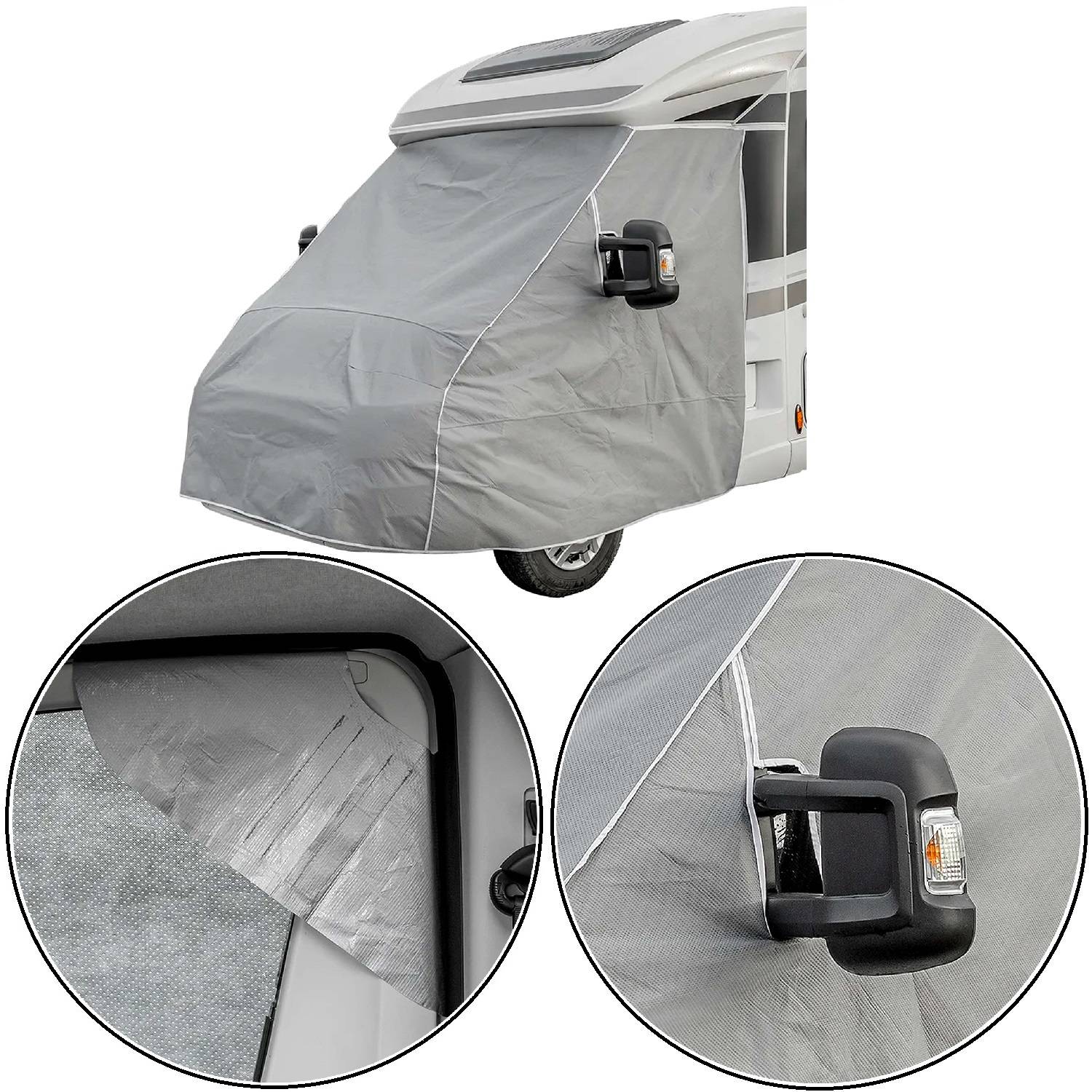 Wohnmobil mit einer grauen Abdeckung über der Windschutzscheibe und dem Seitenfenster, mit Nahaufnahmedetails der Gewebestruktur und Befestigung der Spiegelbeschläge.