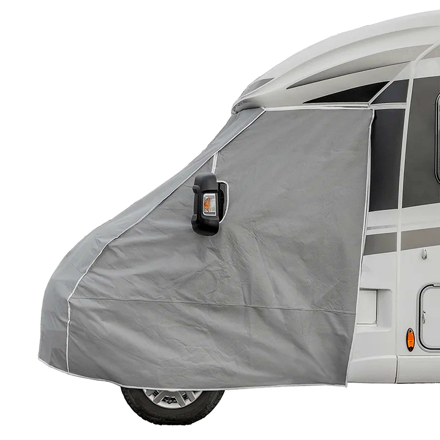 Ein Wohnmobil mit einer grauen Abdeckung, die teilweise seine Front und Windschutzscheibe schützt.