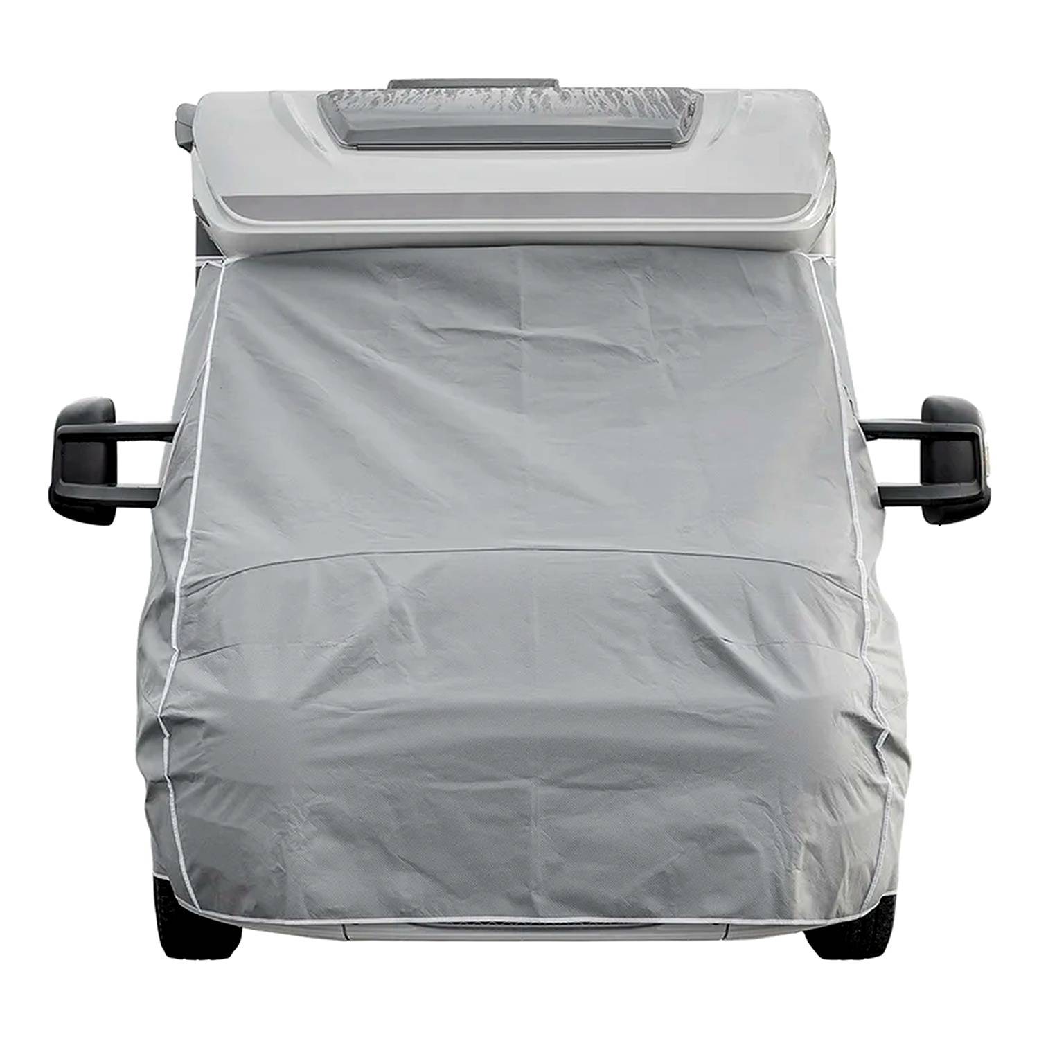 Eine graue Fahrzeugabdeckung hängt über der Front eines Lieferwagens, bedeckt die Windschutzscheibe und die Seitenspiegel und schützt das Fahrzeug vor Wetterbedingungen.