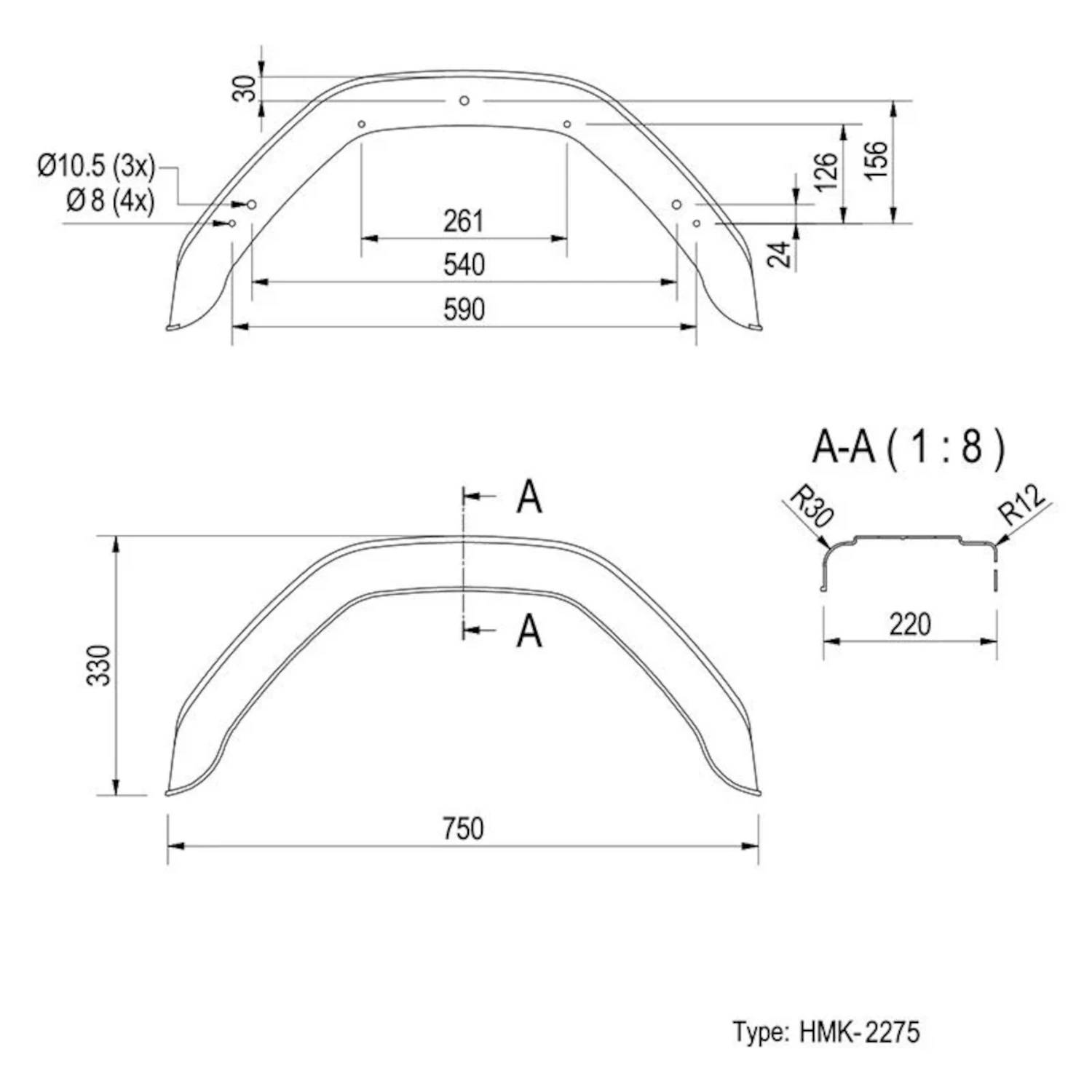 Technische Zeichnung eines Kotflügels: umfasst Abmessungen wie 590 mm Breite, 330 mm Höhe und Schnittansicht A-A. Typ: HMK-2275.