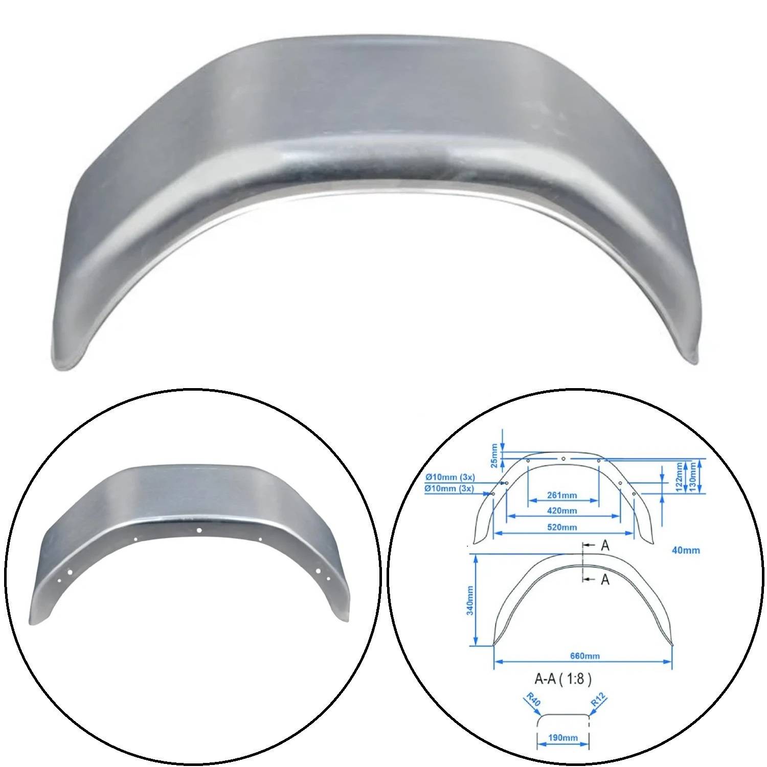 Motorrad-Stahlschutzblech, 810 mm Länge, mit Diagramm zur Darstellung der Abmessungen: 810 mm Länge, 180 mm Höhe und 210 mm Breite.