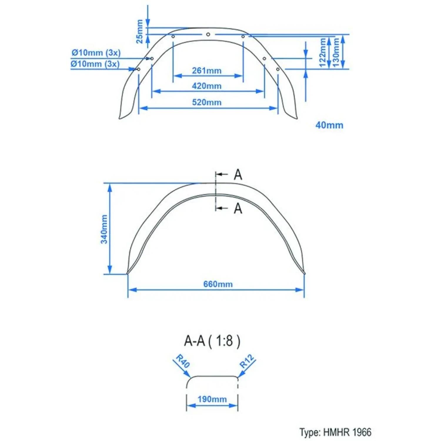 Technische Zeichnung eines Kotflügels mit Abmessungen: 520 mm breit, 340 mm hoch. Vorderansicht-Umriss mit A-A gekennzeichnet. Typ: HMHR 1966.