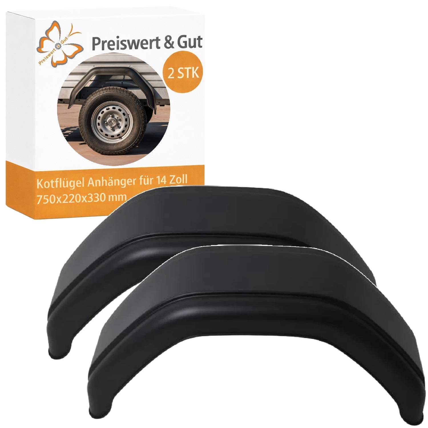 Zwei schwarze Anhänger-Schutzbleche vor der Verpackung mit der Aufschrift „Preiswert & Gut