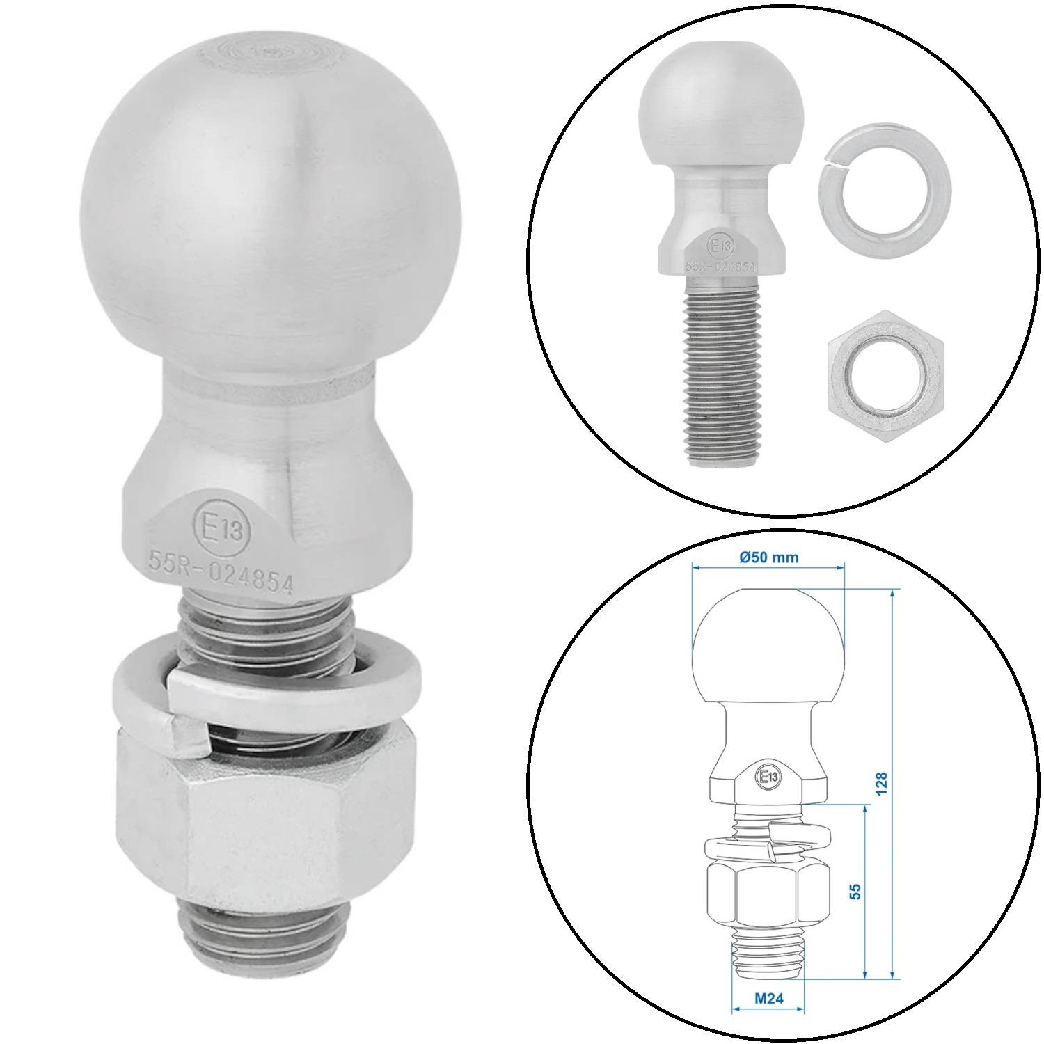 Anhängerkugel mit detaillierter Teileillustrierung und Maßangaben: 'Anhängerkugel', Durchmesser 50 mm, Höhe 85 mm, Gewindegröße M24.