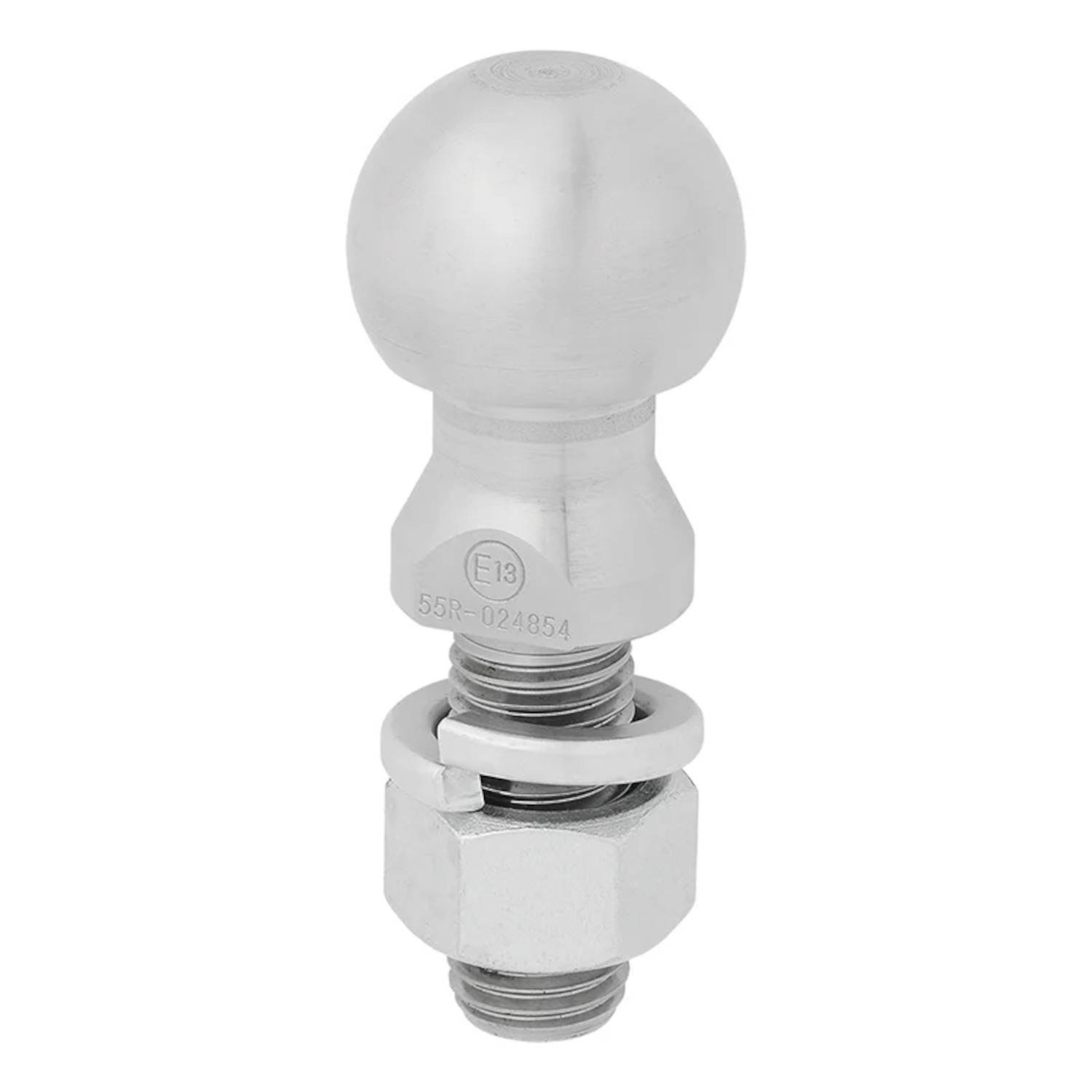 Eine metallische Anhängerkupplung mit einer Anhängerkugel, einem Gewindebolzen und einer Mutter darunter, die verwendet wird, um ein Fahrzeug zum Abschleppen zu befestigen.