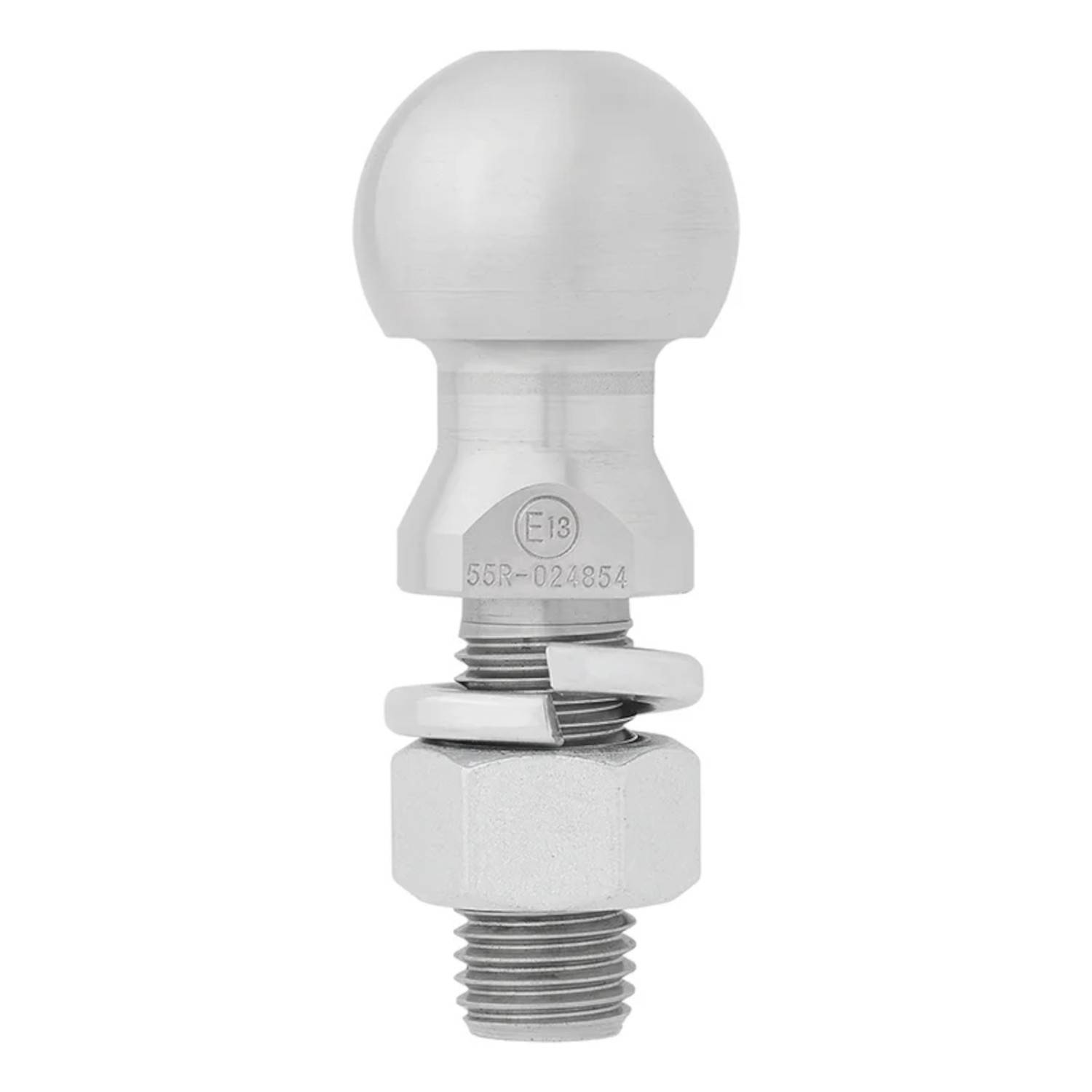 Eine silberne Anhängerkupplung mit Kugelkopf, bestehend aus einer sphärischen Oberseite und einer Gewindebasis mit Mutter und Unterlegscheibe, die zum Verbinden von Anhängern mit Fahrzeugen verwendet wird.