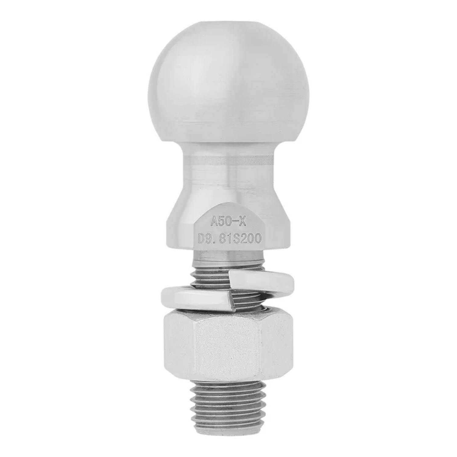 Ein silberner Metallkugelbolzen mit Gewindestift, gekennzeichnet als 'A50-X D8.81S200', konzipiert für mechanische oder automotive Anwendungen.