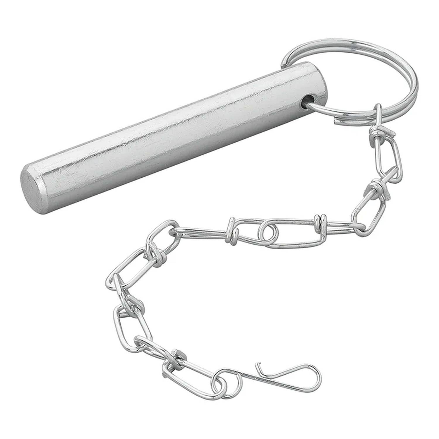 Ein Metallschlüsselstift mit einer angehängten Kette und einem Ring, der zum Sichern von Gegenständen oder Schlüsseln entwickelt wurde.