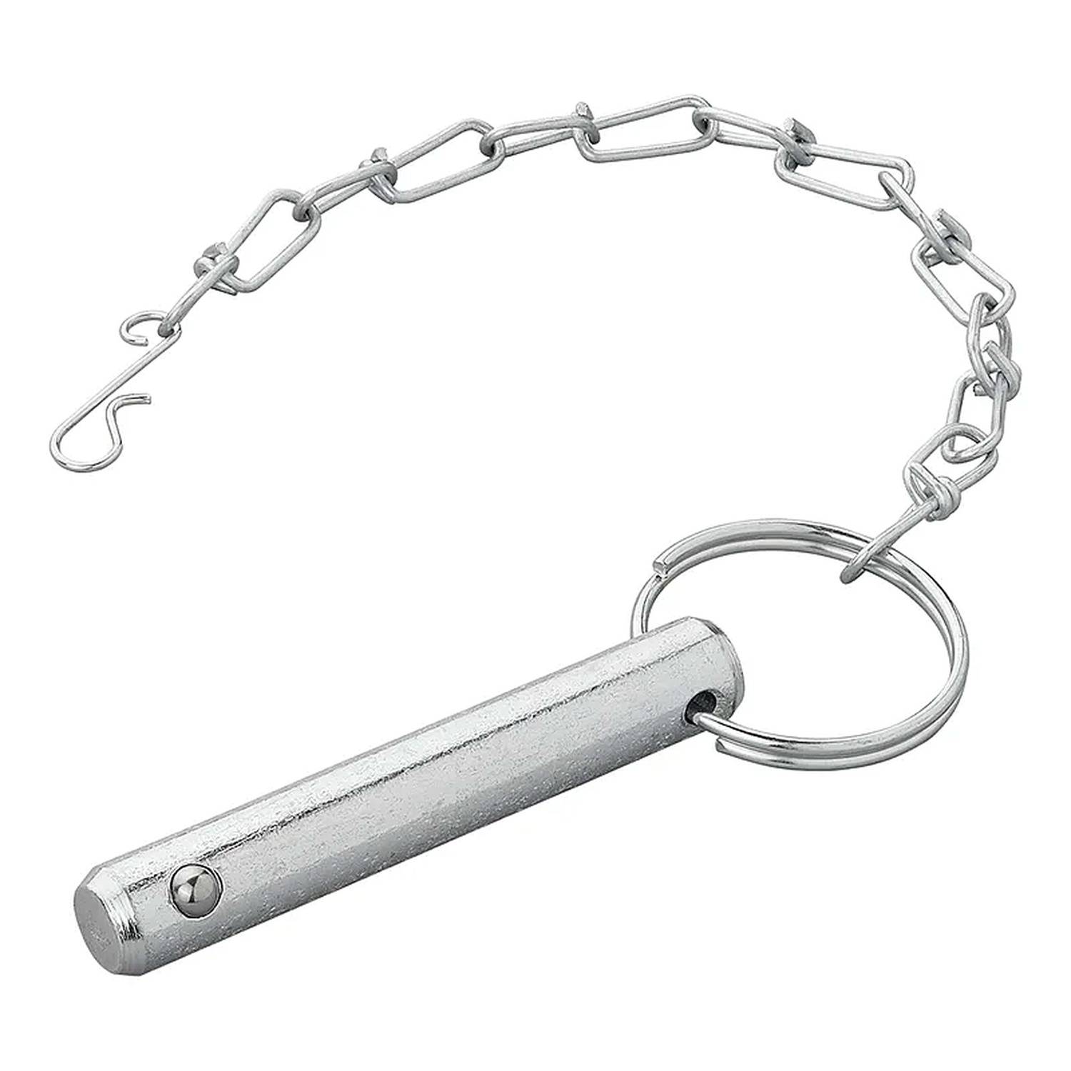 Eine silberne Schlüsselkette mit einem zylindrischen Halter und einer verbundenen Kette, entwickelt zum Festhalten eines kurzen zylindrischen Gegenstands, möglicherweise eines Schlüssels.