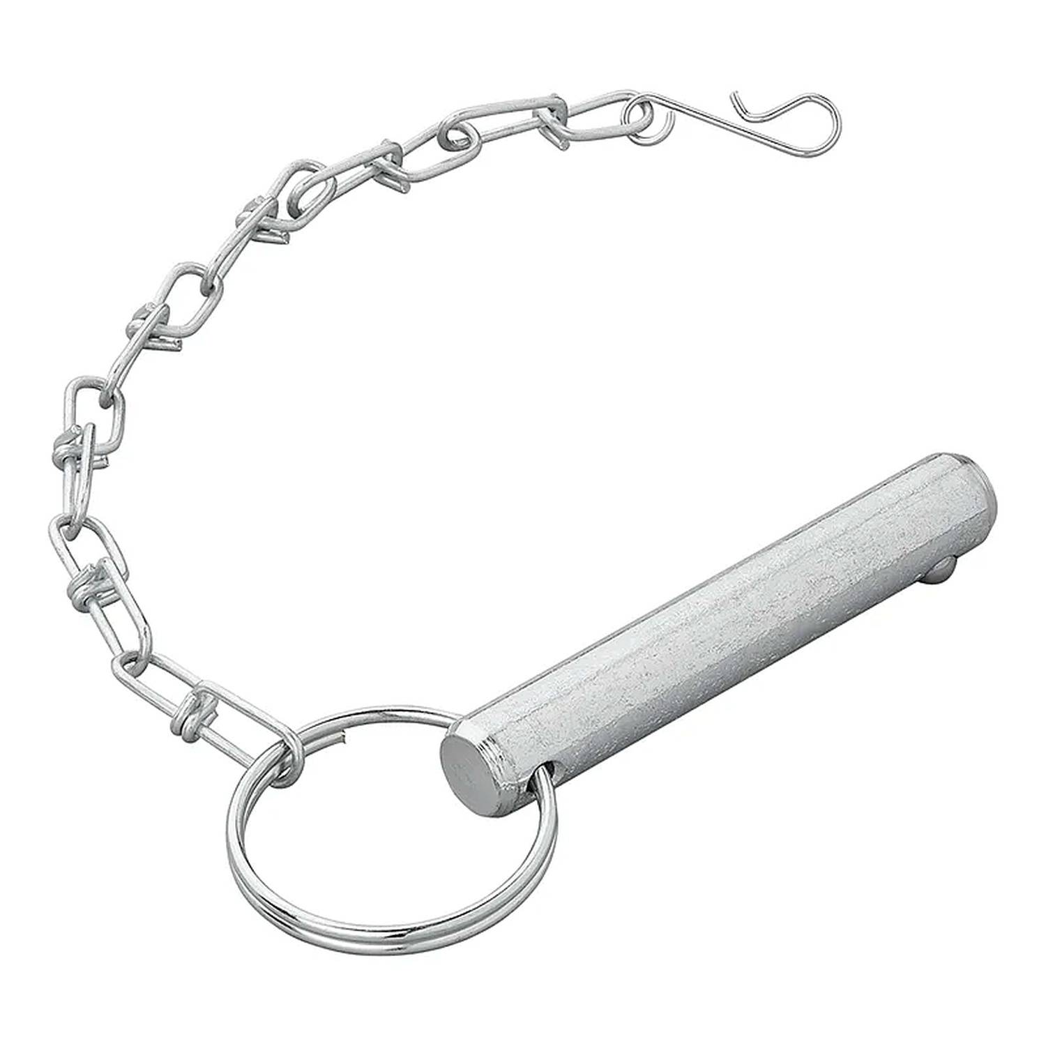 Metallschlüsselanhänger mit einer zylindrischen Stange, die an einer Kette und einem runden Schlüsselring befestigt ist und für die sichere Verwendung beim Verschließen von Toren oder Türen vorgesehen ist.