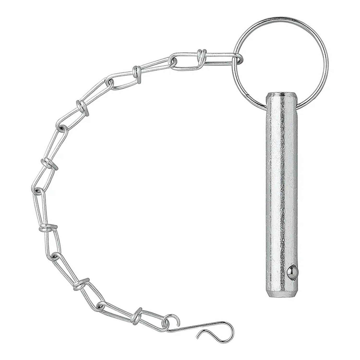 Ein metallischer Schlüsselanhänger mit einem stabförmigen Befestigungselement und einer Kette, die in einen Haken endet, der wahrscheinlich zum Verbinden oder Sichern kleiner Gegenstände verwendet wird.