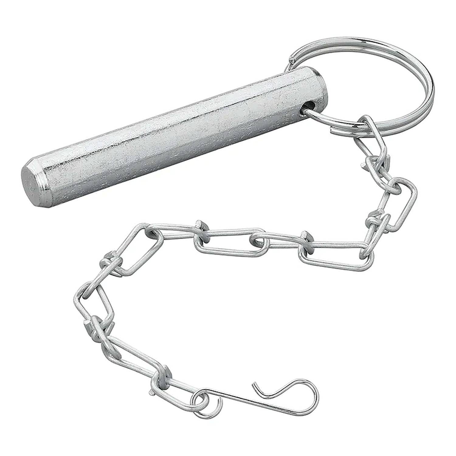 Ein Metallstift mit einem kreisförmigen Griff und einer angehängten Kette, die in einen Haken endet, wahrscheinlich verwendet zum Sichern von Gegenständen oder Ausrüstung.