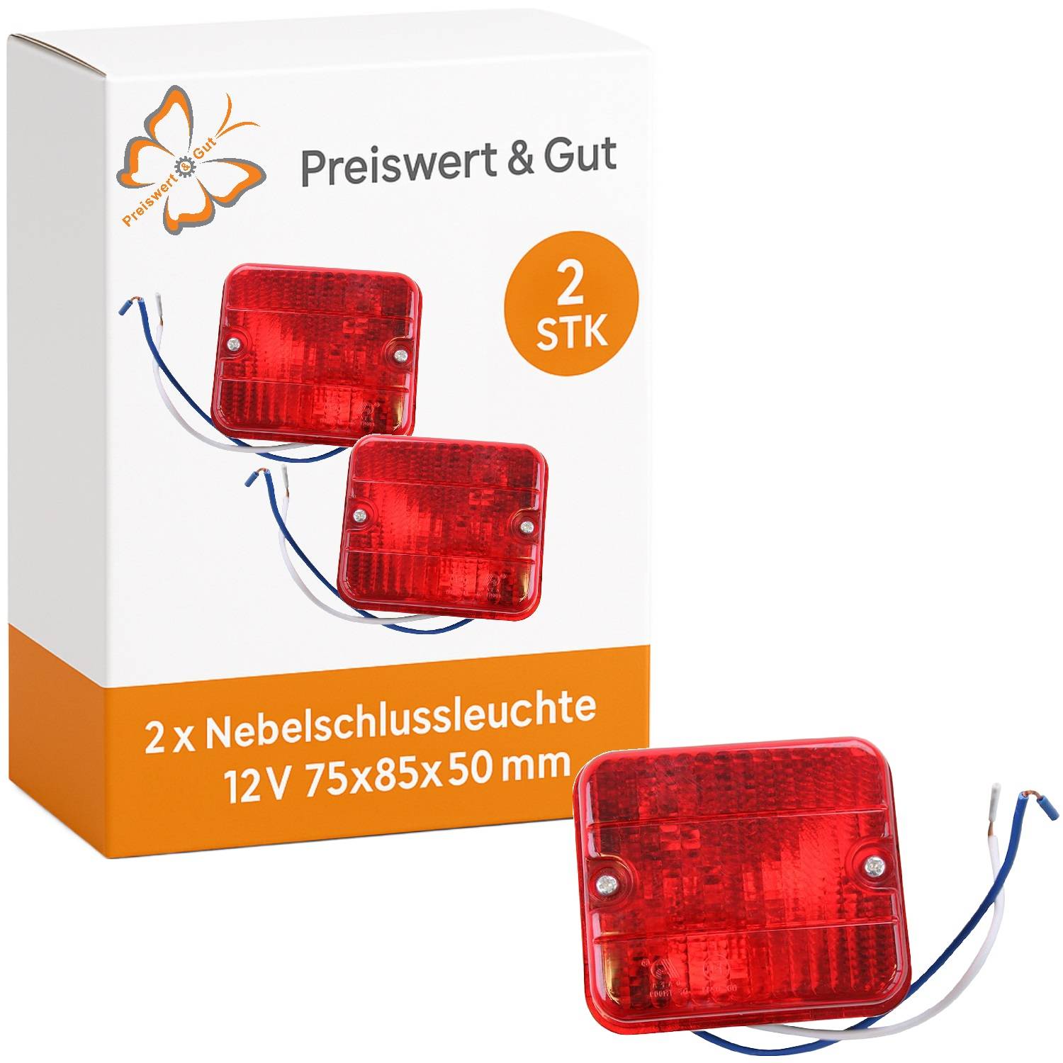 Eine Produktverpackung zeigt zwei rote Nebelschlussleuchten mit Kabeln, gekennzeichnet als '2 x Nebelschlussleuchte, 12V 75x85x50 mm'. Die Marke ist 'Preiswert & Gut'.