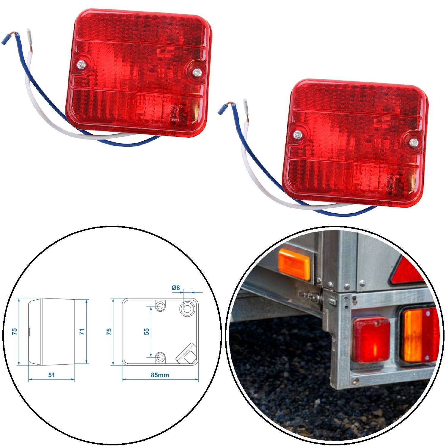Zwei rote rechteckige Anhängerleuchten mit Kabelführung. Darunter ein technisches Diagramm mit Maßangaben. Rechts eine Leuchte, die an einem Anhänger befestigt ist.