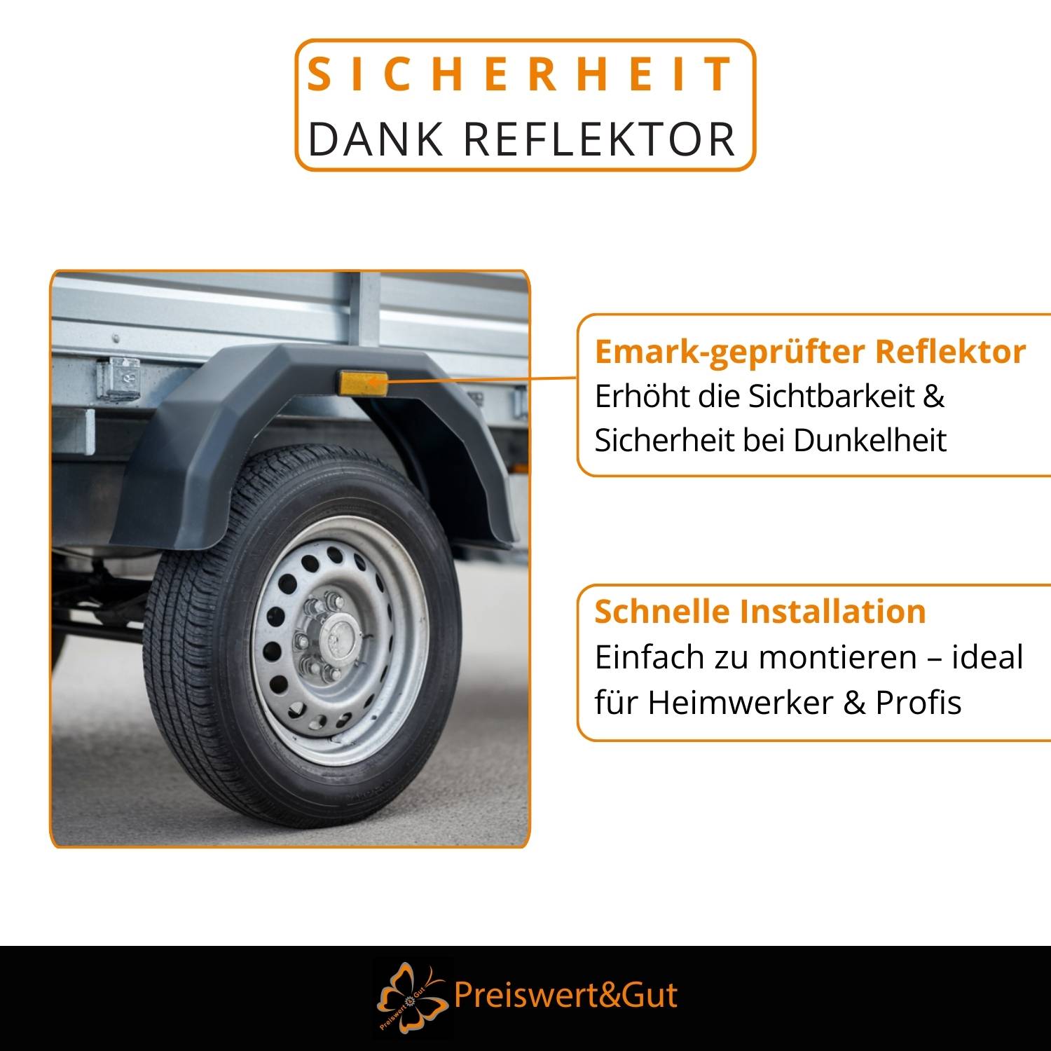 Das Bild zeigt einen Reflektor an einem Fahrzeug zur Verbesserung der Sichtbarkeit und Sicherheit, mit dem Titel „Sicherheit dank Reflektor