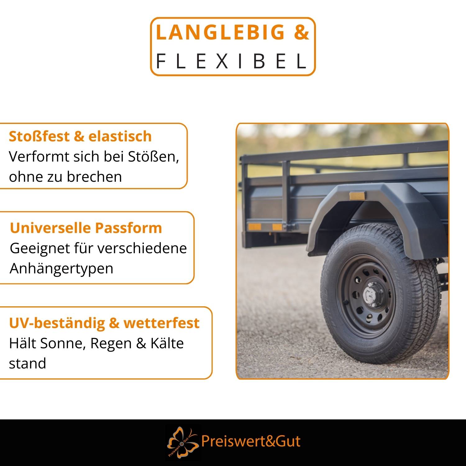Ein Anhänger, der sich durch Haltbarkeit, Flexibilität, stoßfeste Konstruktion und universelle Kompatibilität sowie UV- und Wetterbeständigkeit auszeichnet.