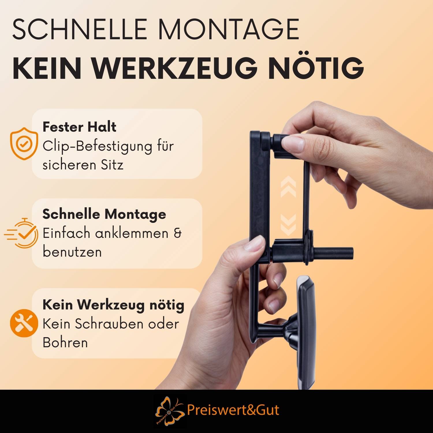 Das Bild zeigt Hände, die das Clip-Befestigen eines Produkts demonstrieren, mit Text: 