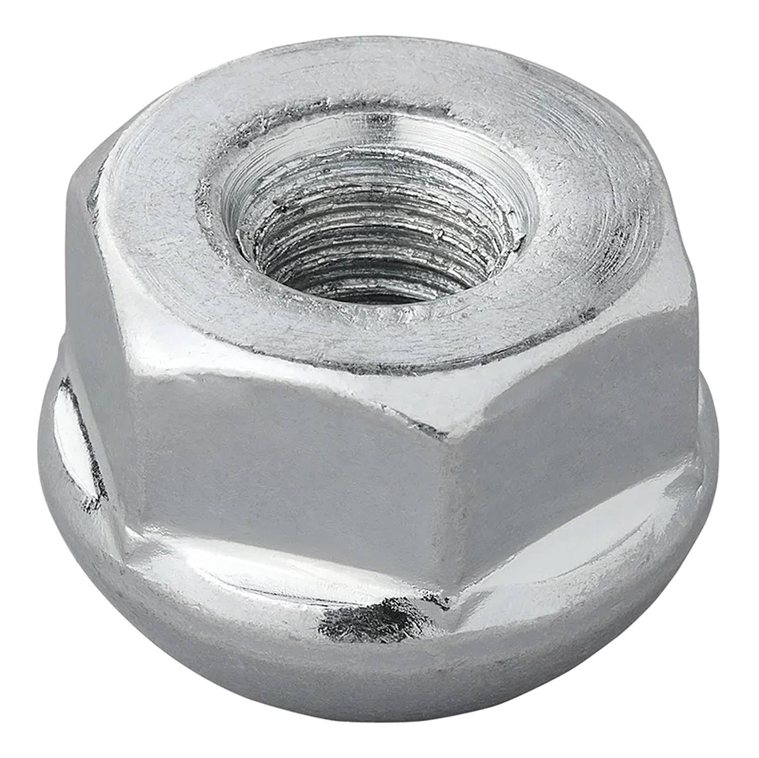 Eine glänzende, sechseckige Radmutter aus Metall, die typischerweise zum Befestigen von Rädern an Fahrzeugen verwendet wird und Gewindelöcher zum Festziehen aufweist.