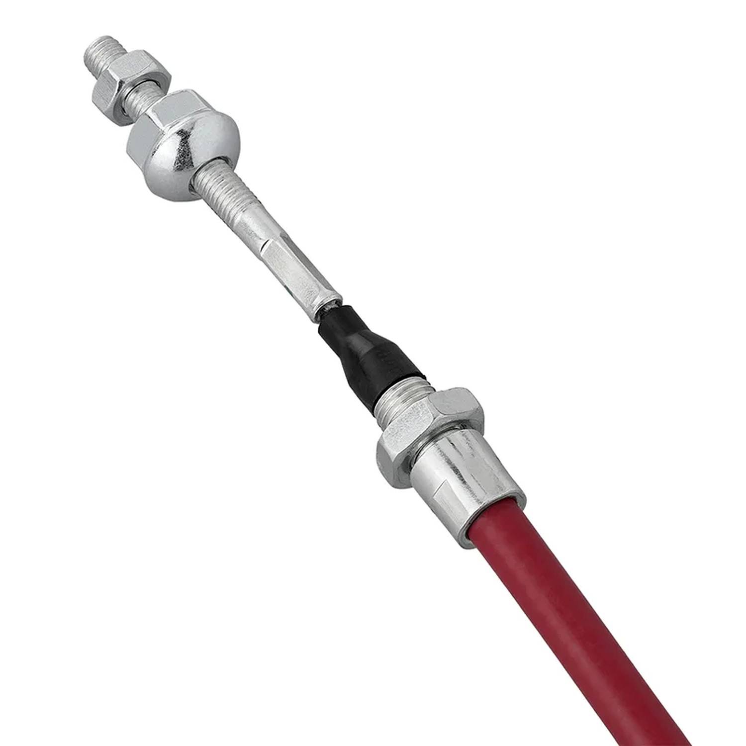 Rotes Kabel mit Metallanschlüssen an beiden Enden, mit Gewindeanschluss, verwendet für mechanische oder elektrische Zwecke.