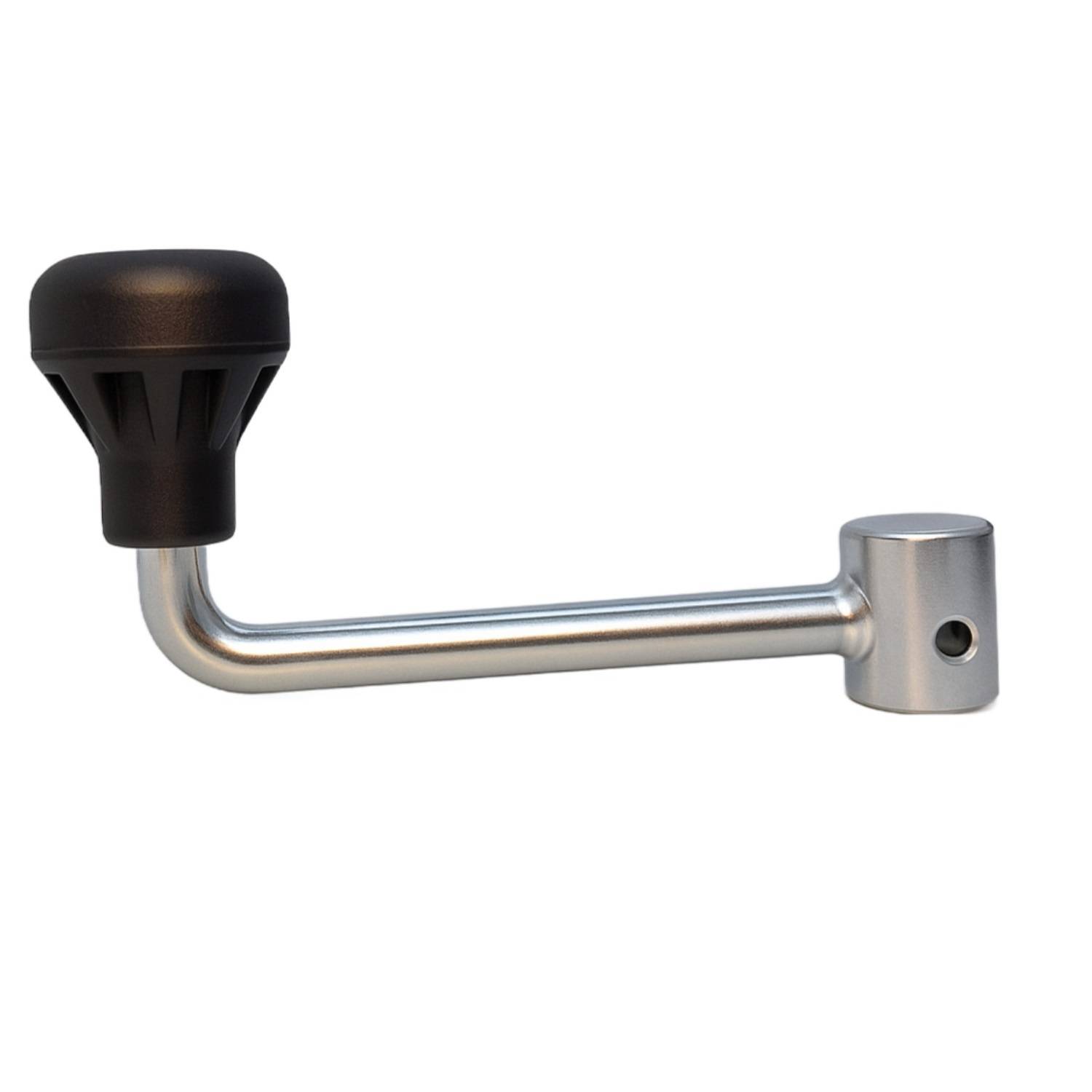 Ein Metallkurbelgriff mit einem schwarzen Kunststoffgriff, verwendet für Maschinen- oder Ausrüstungseinstellungen.