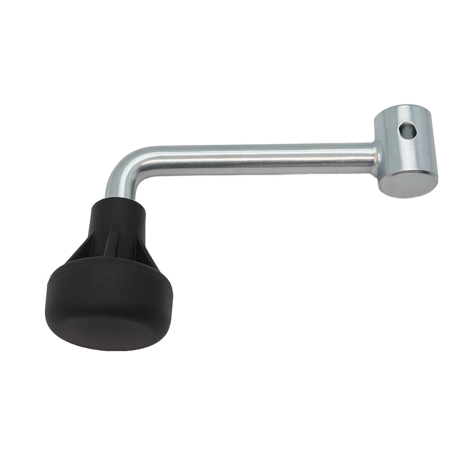 Ein silberner und schwarzer Gummihebel, typischerweise für Maschinen oder Ausrüstung verwendet, der vor einem einfarbigen weißen Hintergrund gezeigt wird.